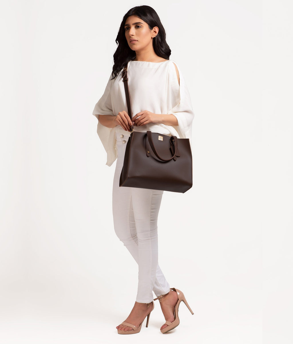 Dark brown multi compartment satchel bag