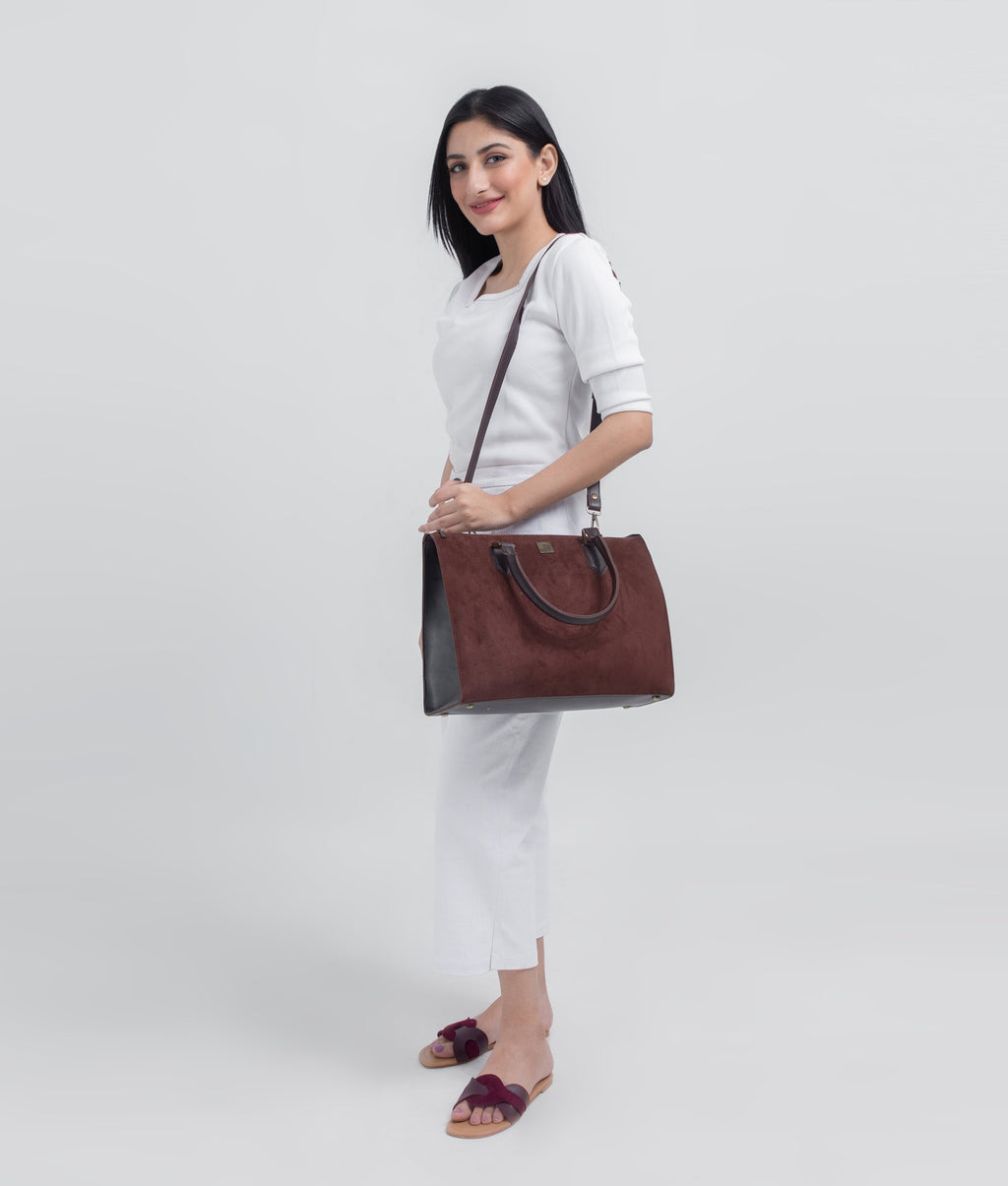 Dark brown suede workplace handbag