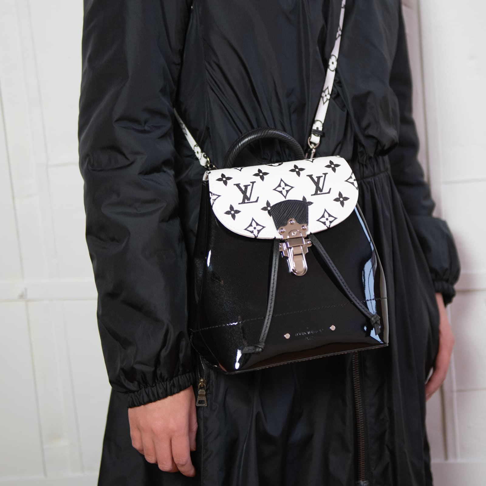 Louis Vuitton Black & White Monogram Patent Hot Springs Backpack