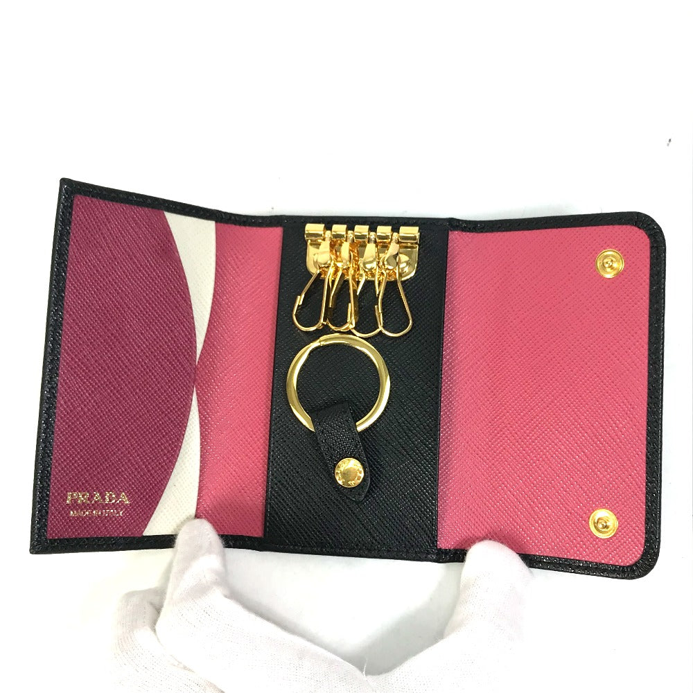 PRADA Key case Key holder  1PG004 saffiano leather Black x pink logo multicolor Key ring Women Used