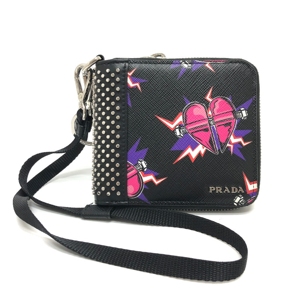 PRADA Folded wallet 2ML221 saffiano leather Black x pink Studs with strap and key ring Frankenheart Women Used