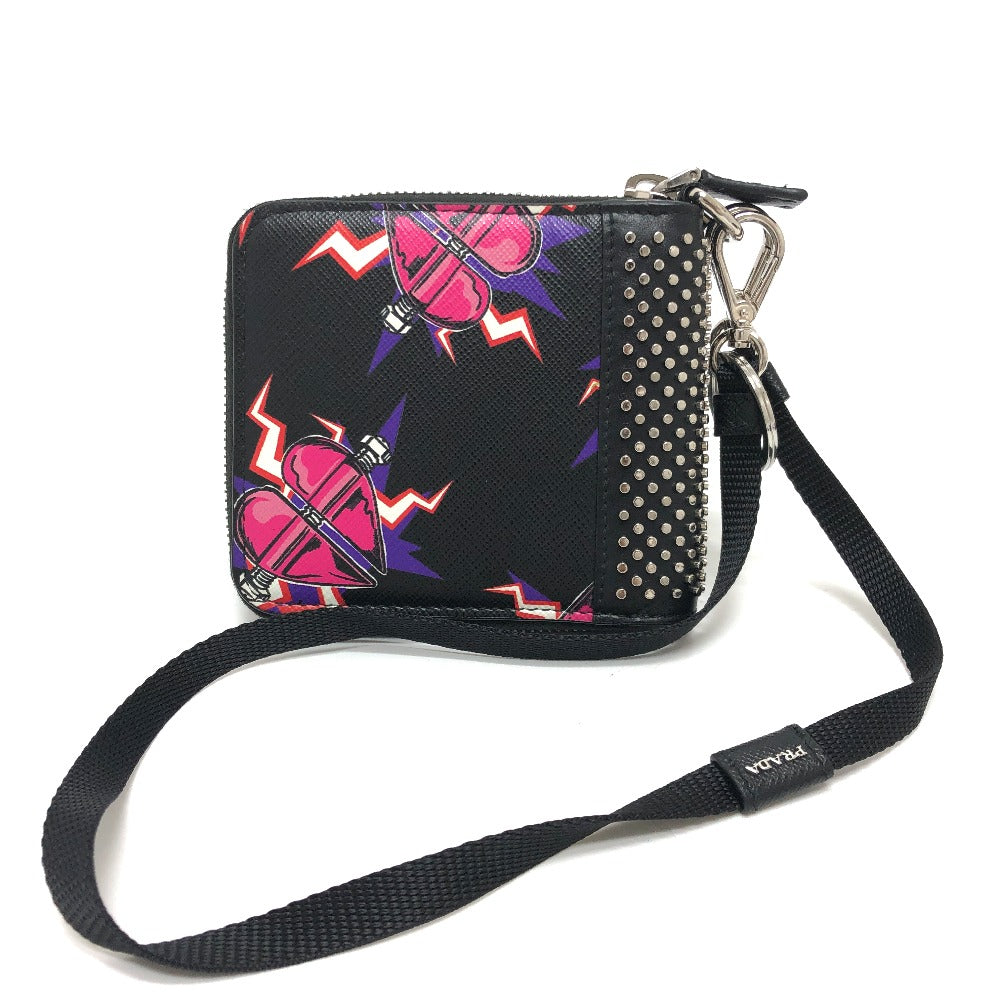 PRADA Folded wallet 2ML221 saffiano leather Black x pink Studs with strap and key ring Frankenheart Women Used