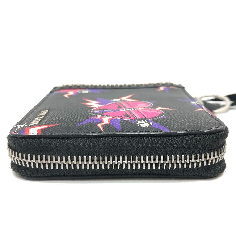 PRADA Folded wallet 2ML221 saffiano leather Black x pink Studs with strap and key ring Frankenheart Women Used