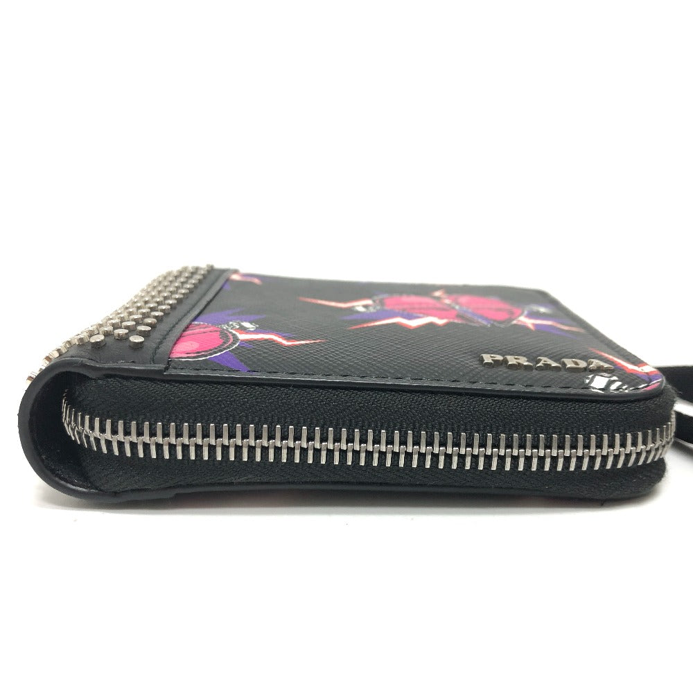 PRADA Folded wallet 2ML221 saffiano leather Black x pink Studs with strap and key ring Frankenheart Women Used