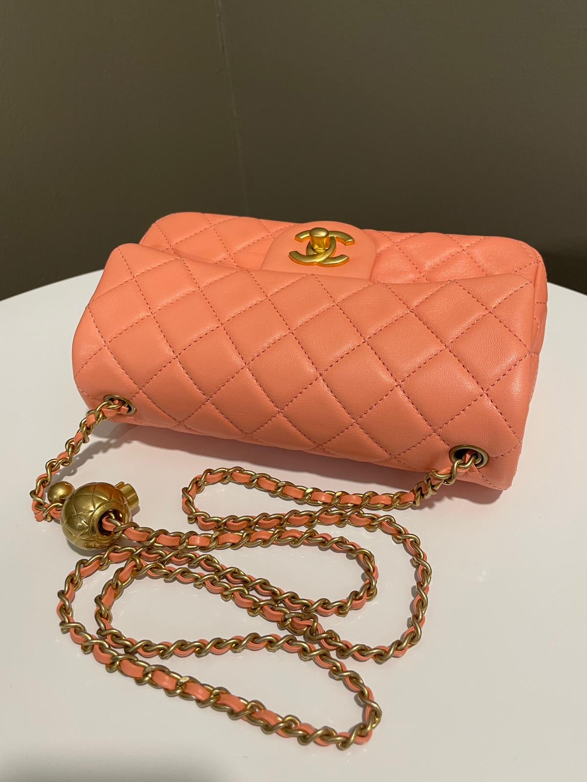Chanel Pearl Crush Quilted Mini Rectangular Salmon Pink Lambskin