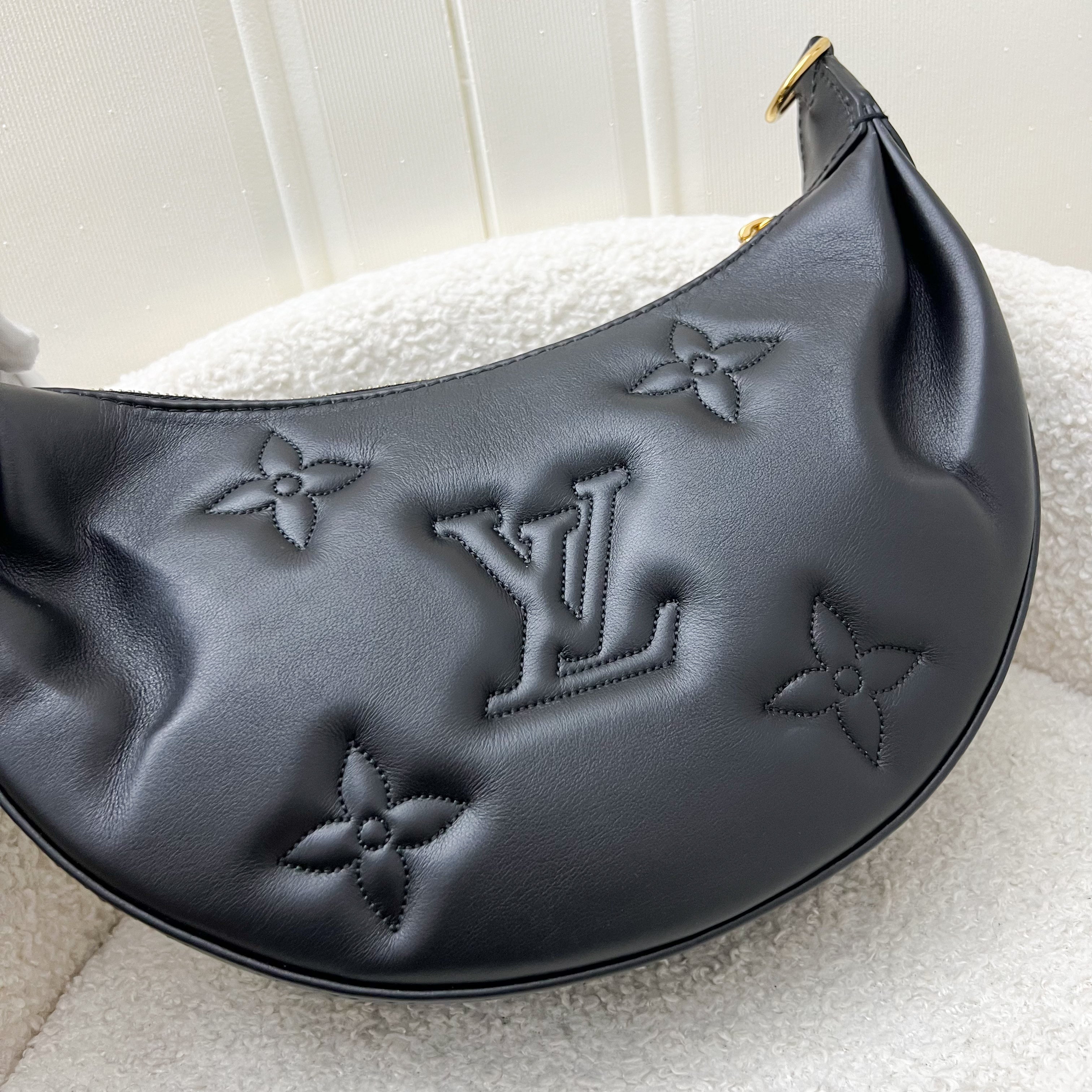 LV Over The Moon Bag in Black Bubblegram Calfskin and GHW with Canvas Strap and Chain Strap