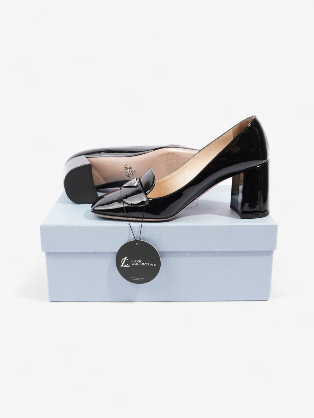 Prada Logo Block Heels 7.5cm Black Patent Leather EU 38 UK 5