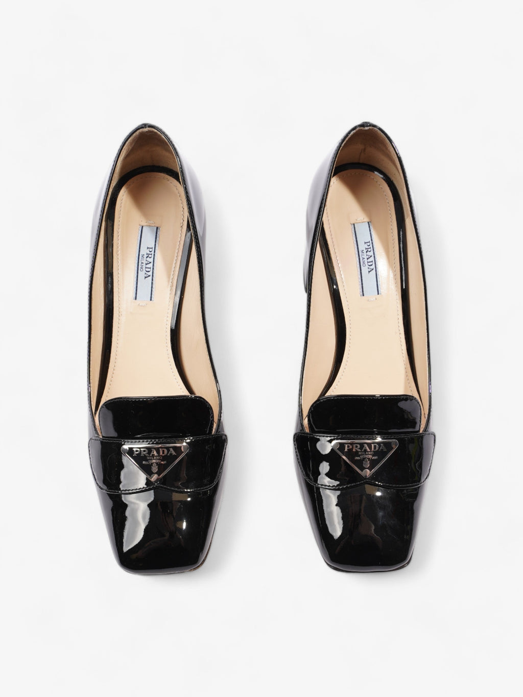 Prada Logo Block Heels 7.5cm Black Patent Leather EU 38 UK 5