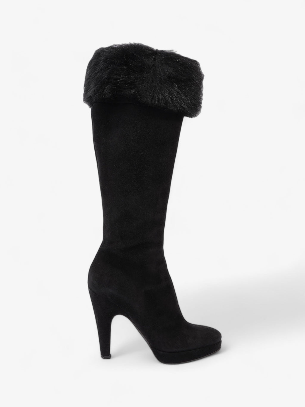 Prada Fur Trim Calf Boots 100mm Black Suede EU 37 UK 4