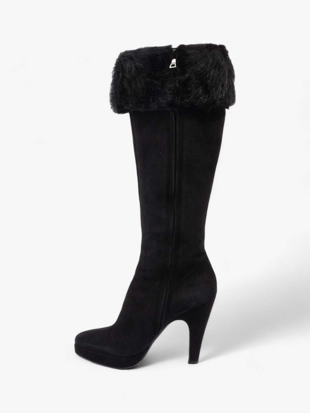 Prada Fur Trim Calf Boots 100mm Black Suede EU 37 UK 4