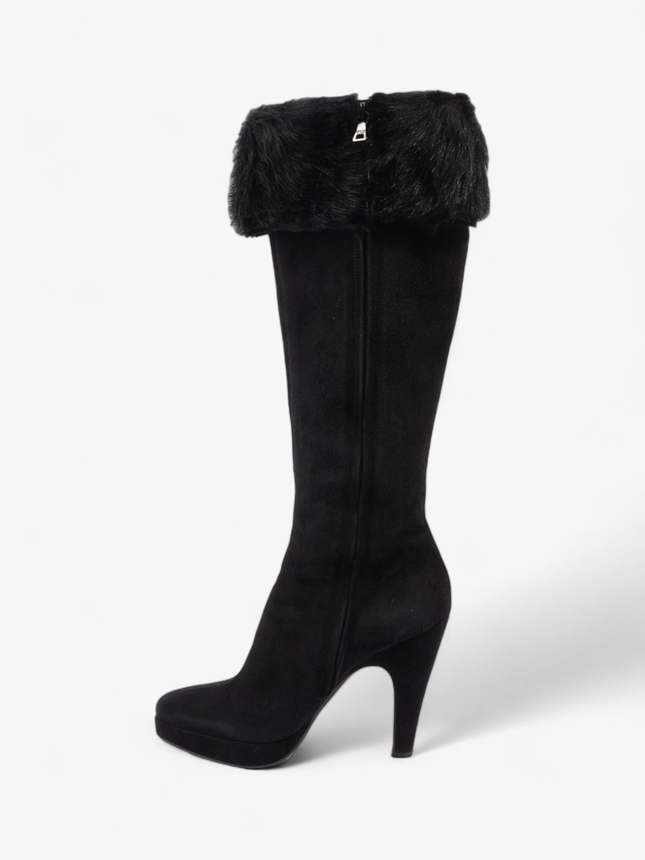 Prada Fur Trim Calf Boots 100mm Black Suede EU 37 UK 4