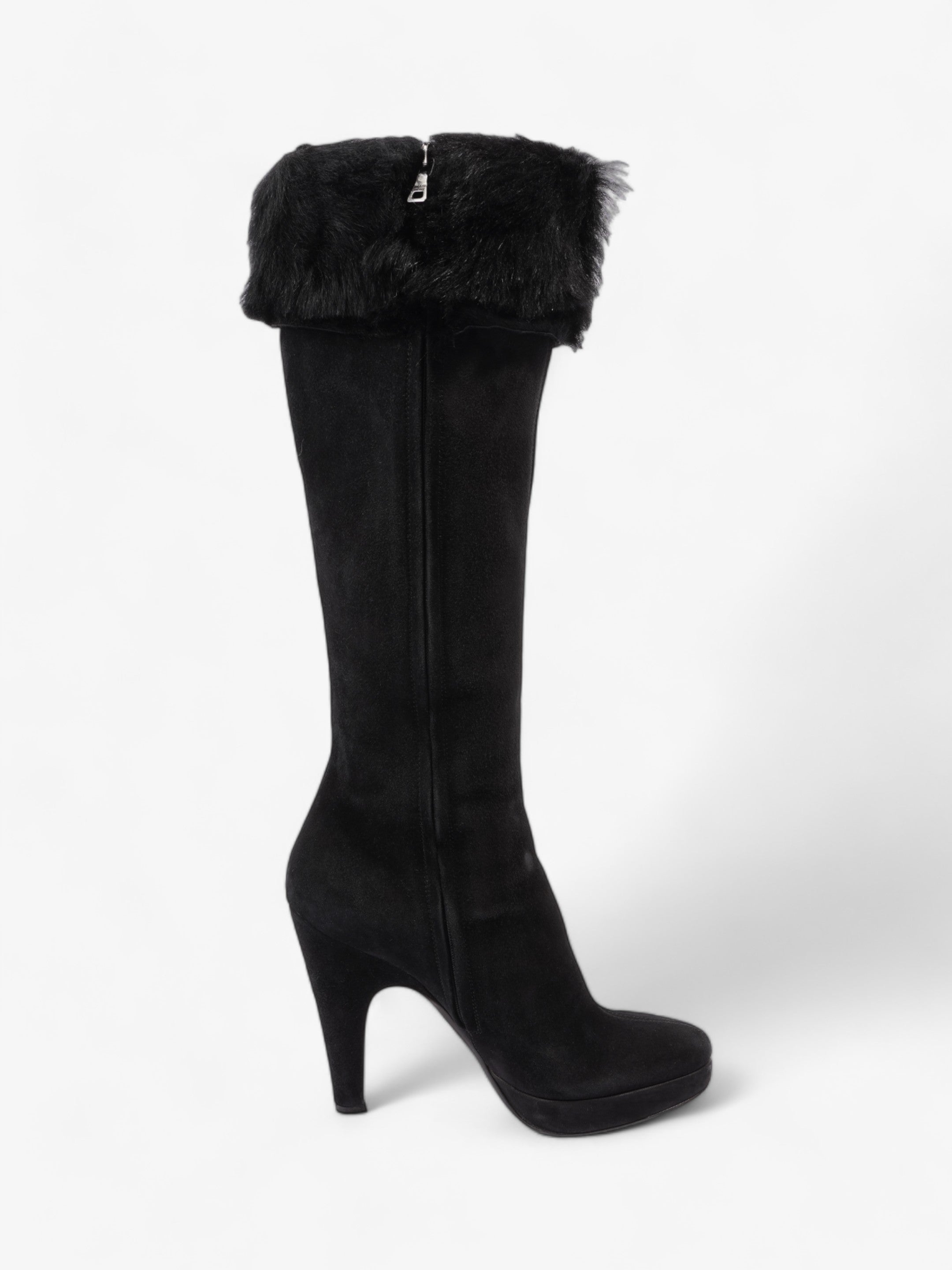 Prada Fur Trim Calf Boots 100mm Black Suede EU 37 UK 4