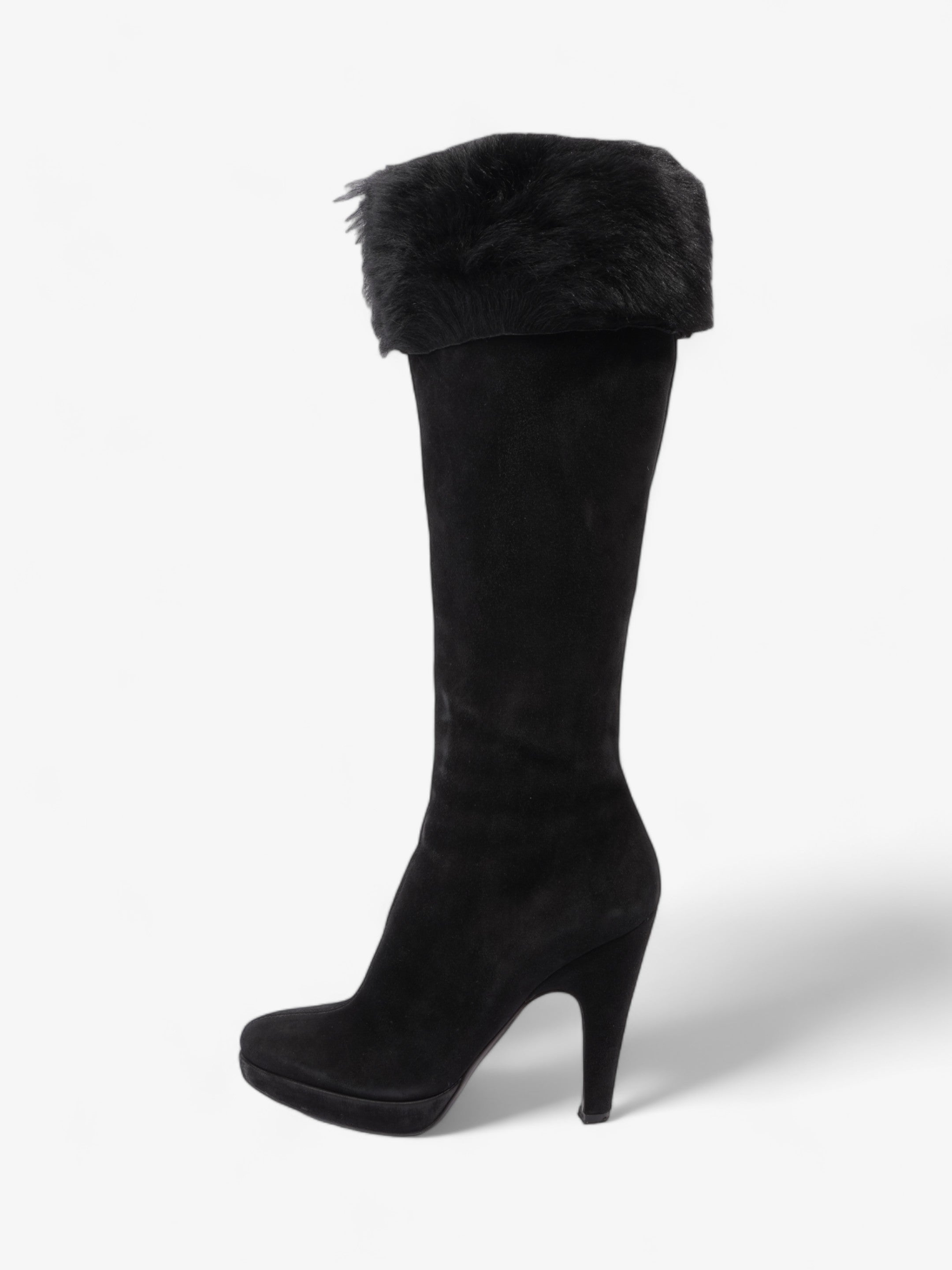 Prada Fur Trim Calf Boots 100mm Black Suede EU 37 UK 4
