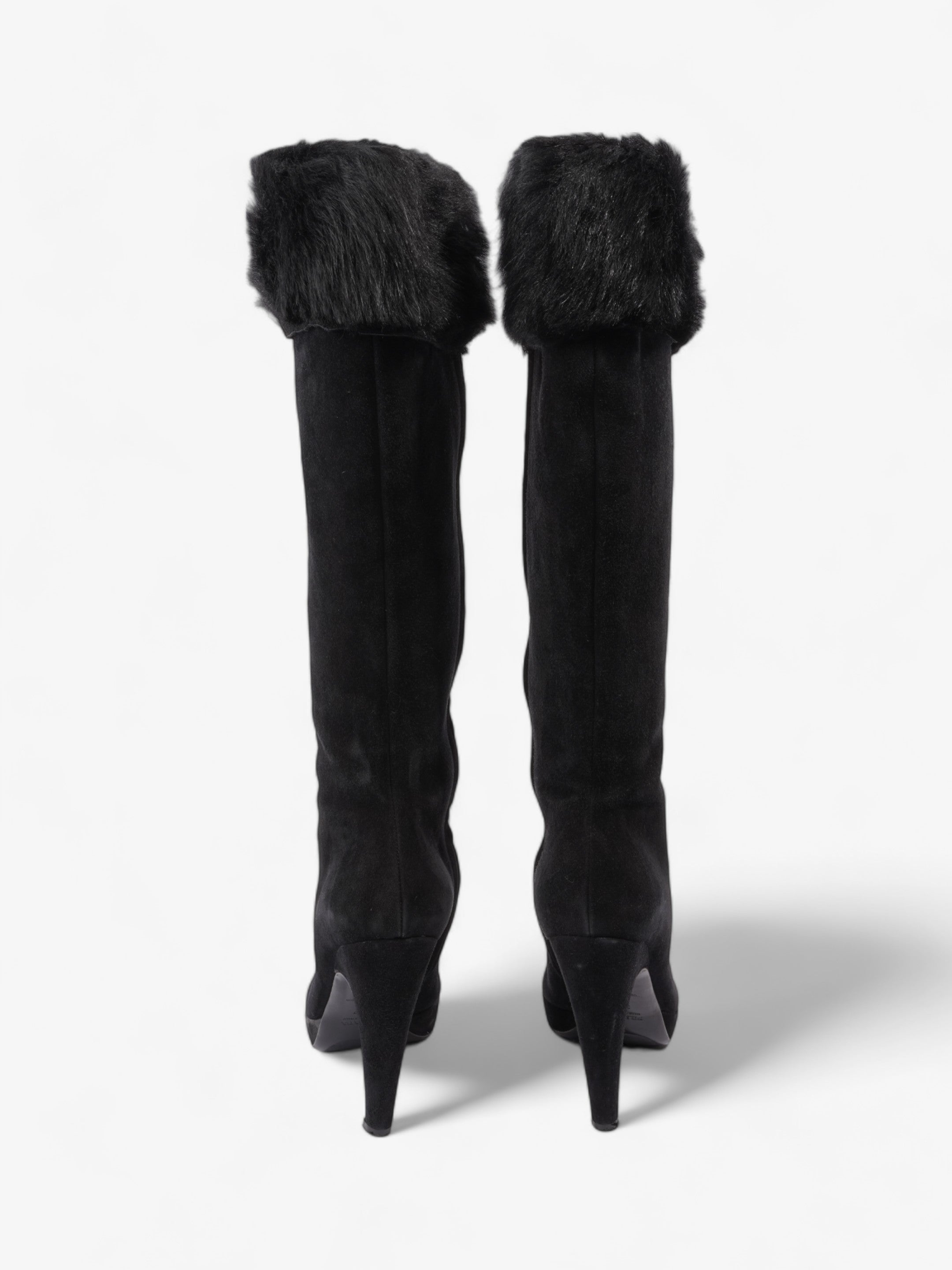 Prada Fur Trim Calf Boots 100mm Black Suede EU 37 UK 4