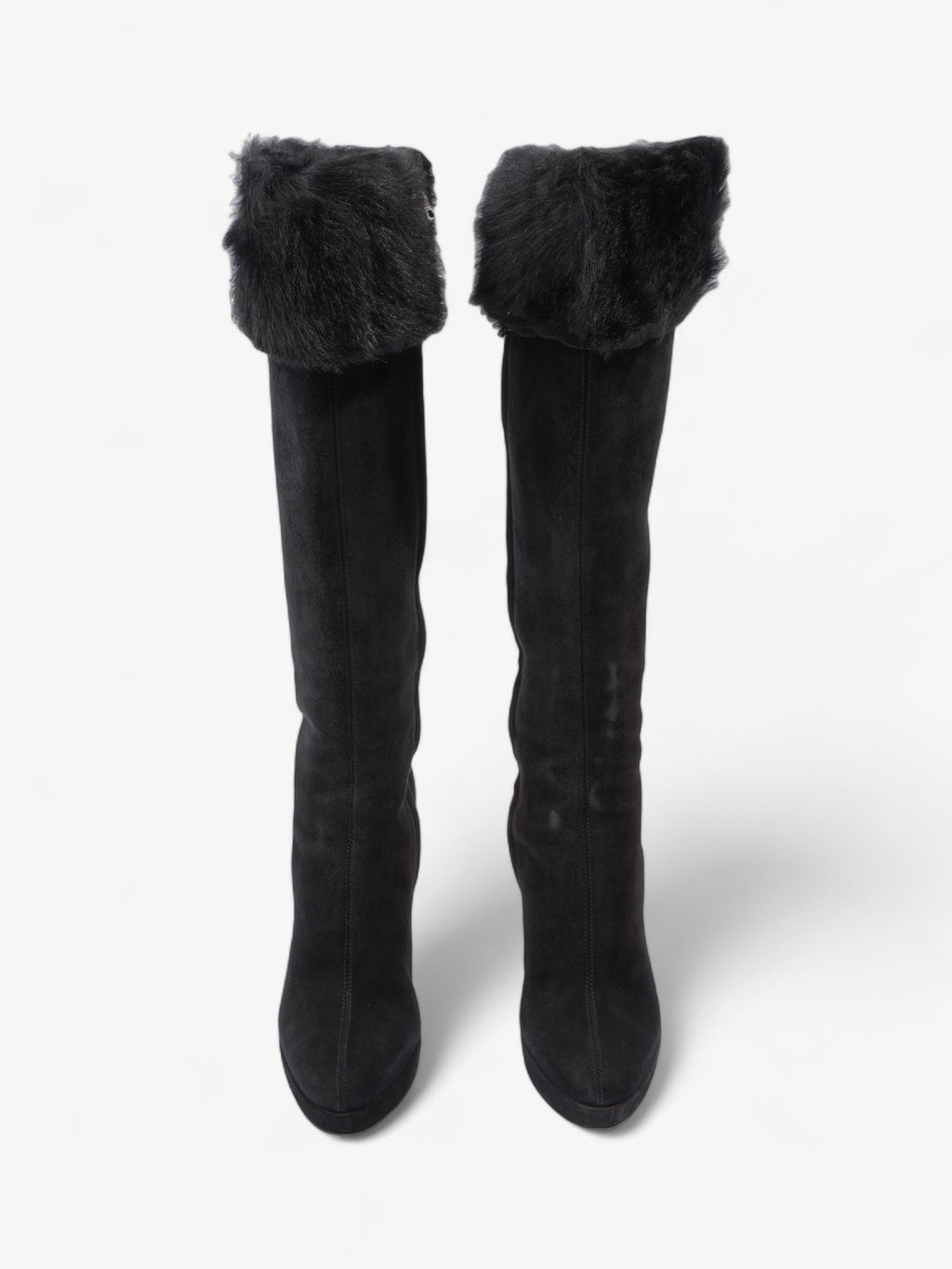 Prada Fur Trim Calf Boots 100mm Black Suede EU 37 UK 4
