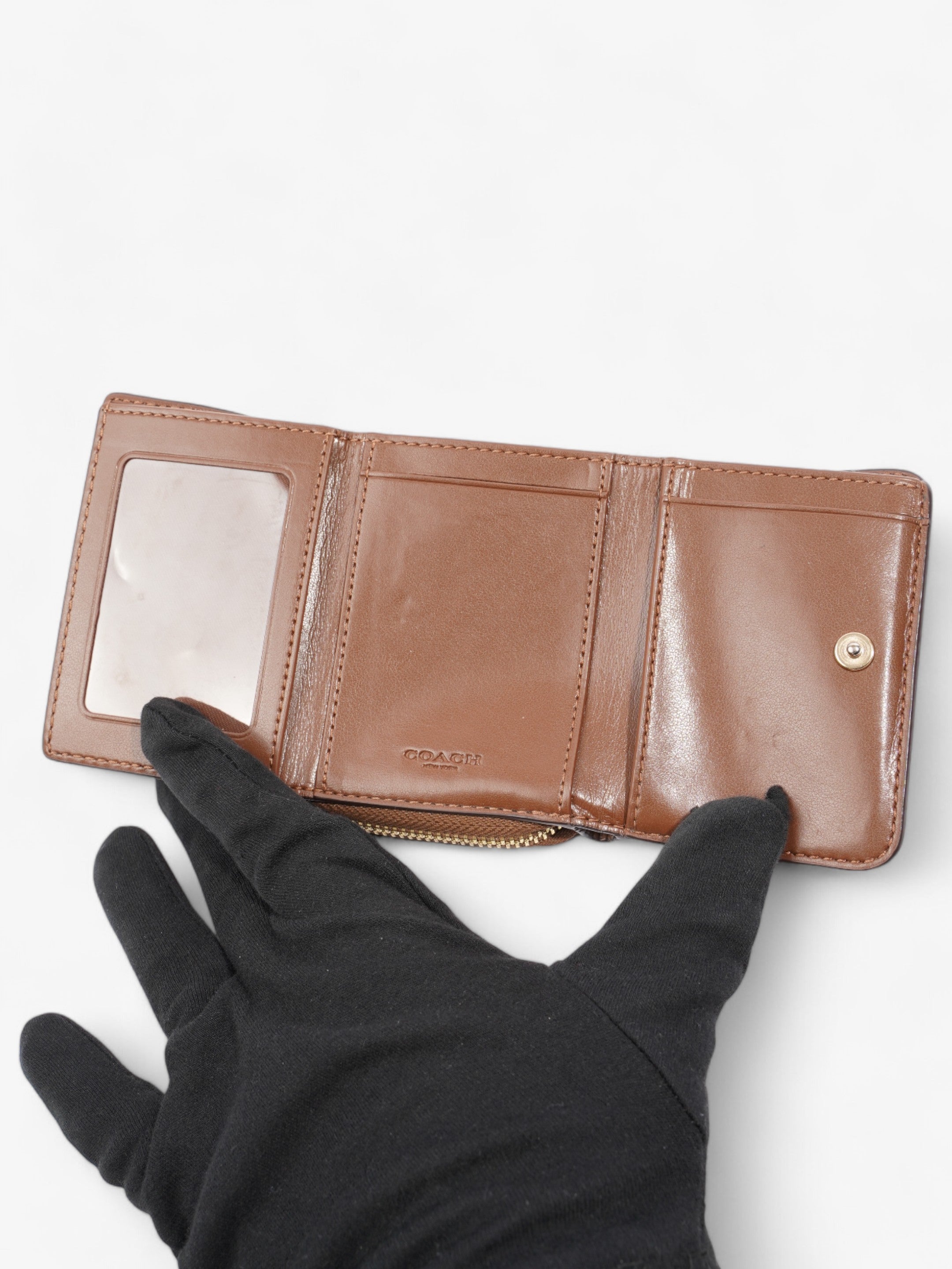 Coach Trifold Wallet Beige Coated Canvas Small