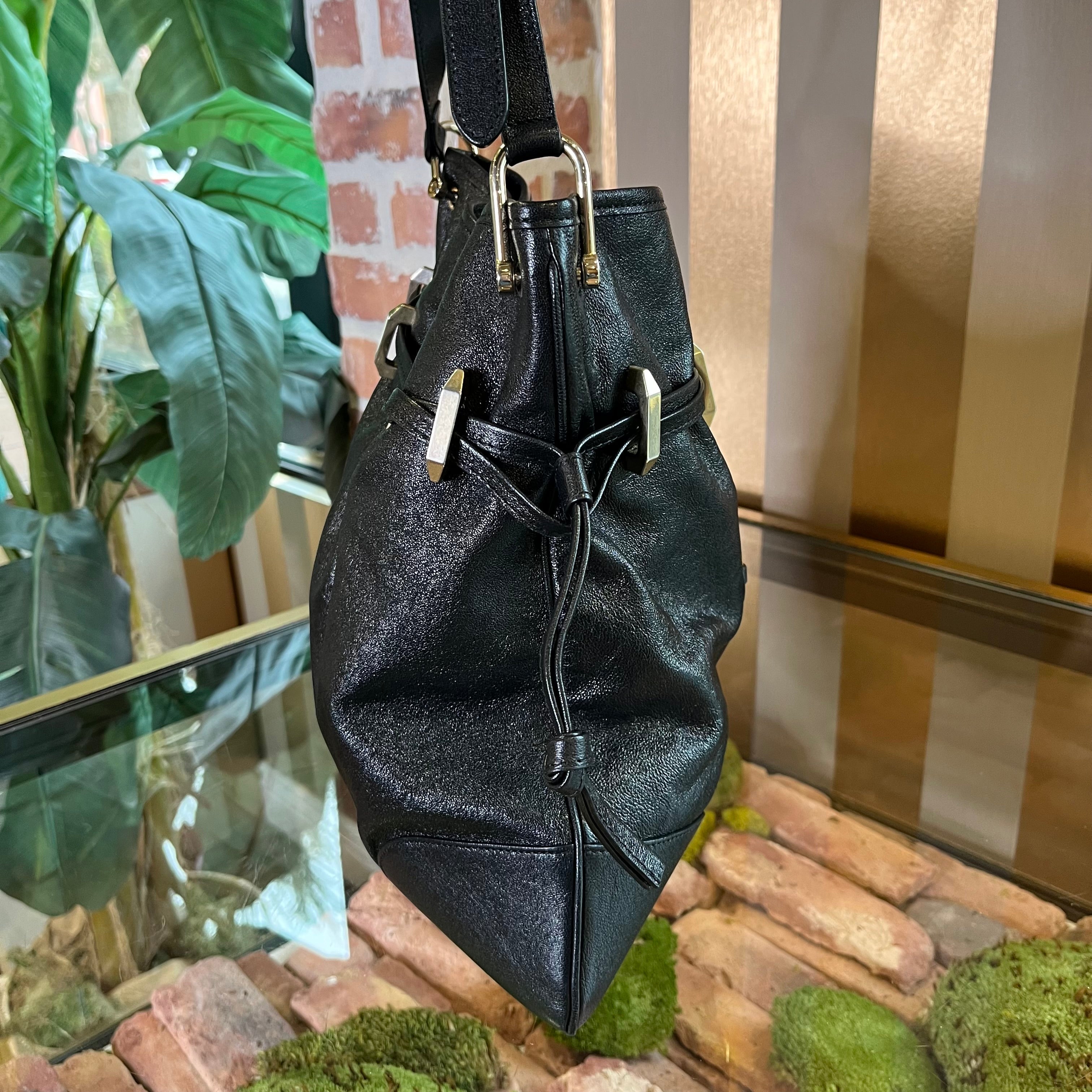GUCCI 1955 Horse Bit Drawstring Black Morsetto Leather Crossbody