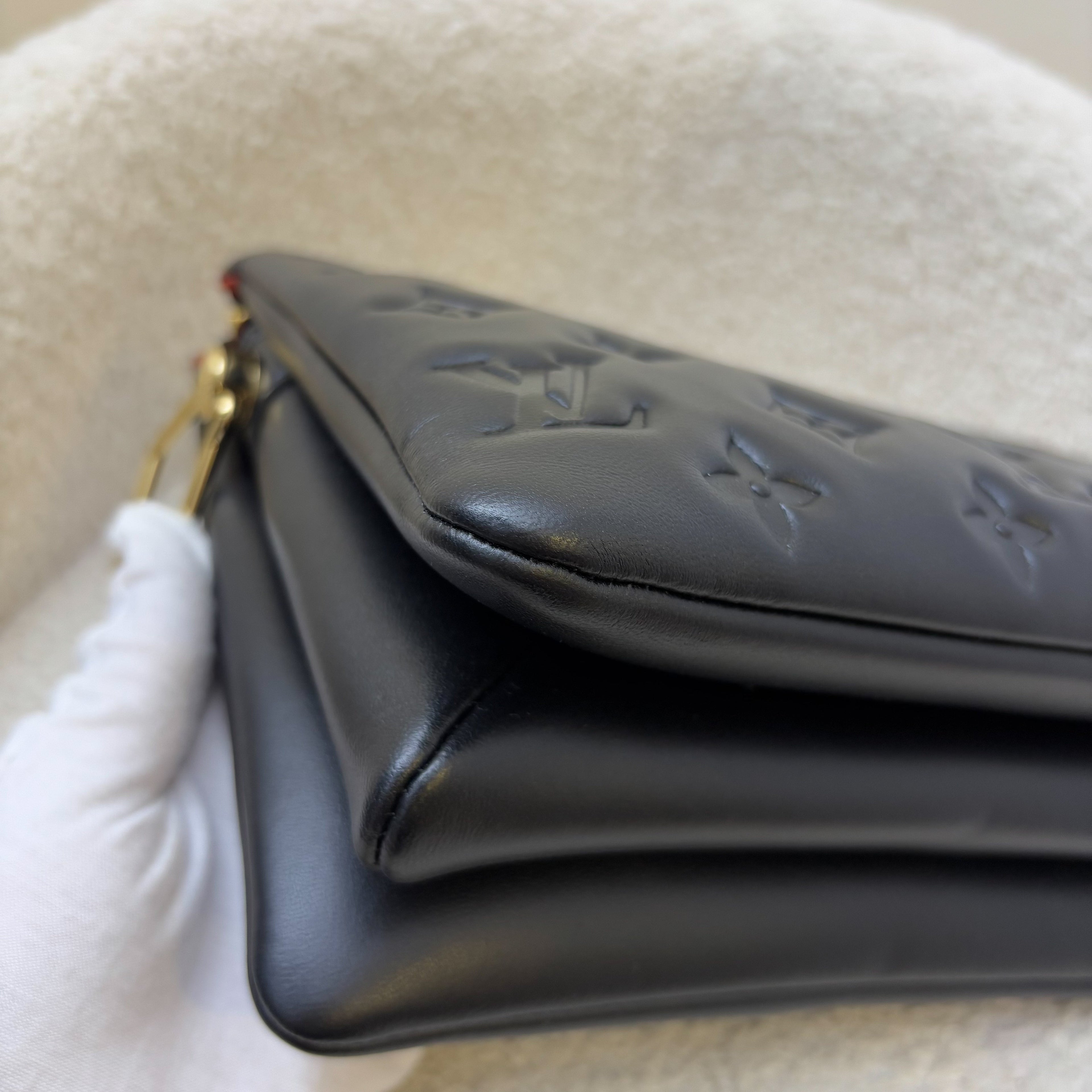 LV Coussin BB Handbag in Black Puffy Embossed Lambskin and GHW (Model: M20574)