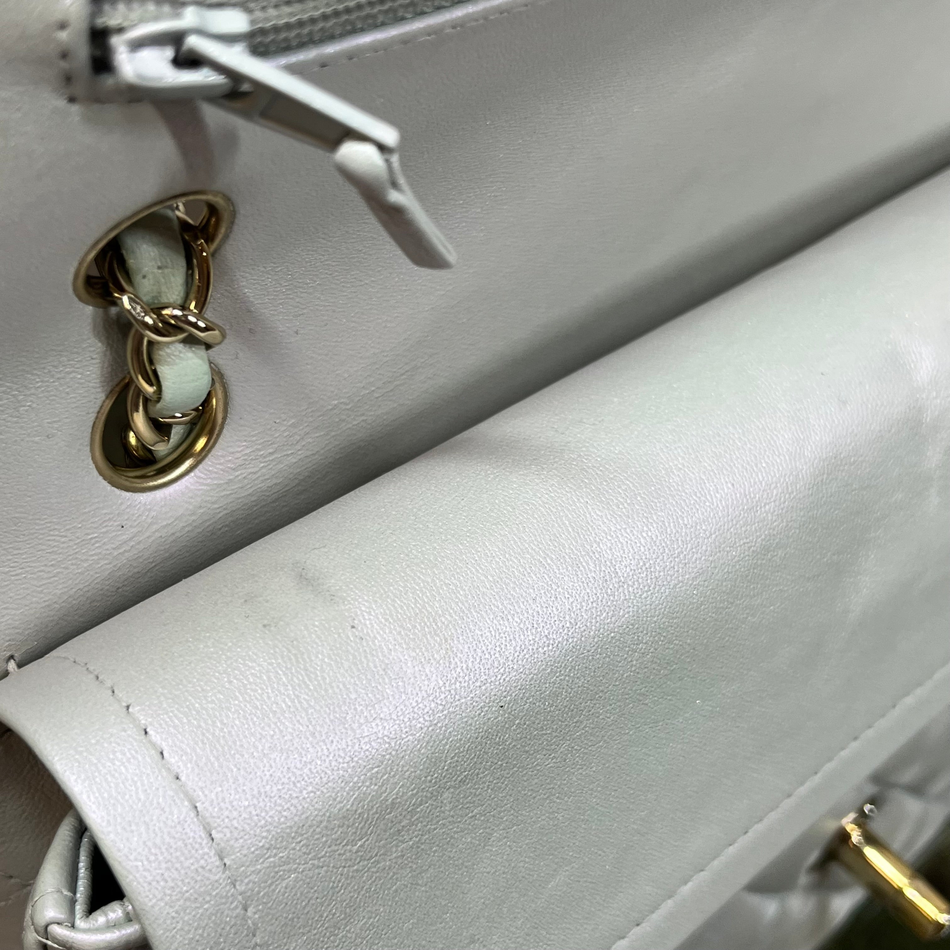 CHANEL Double Flap Medium Light Blue Iridescent Lambskin Leather Shoulder Bag