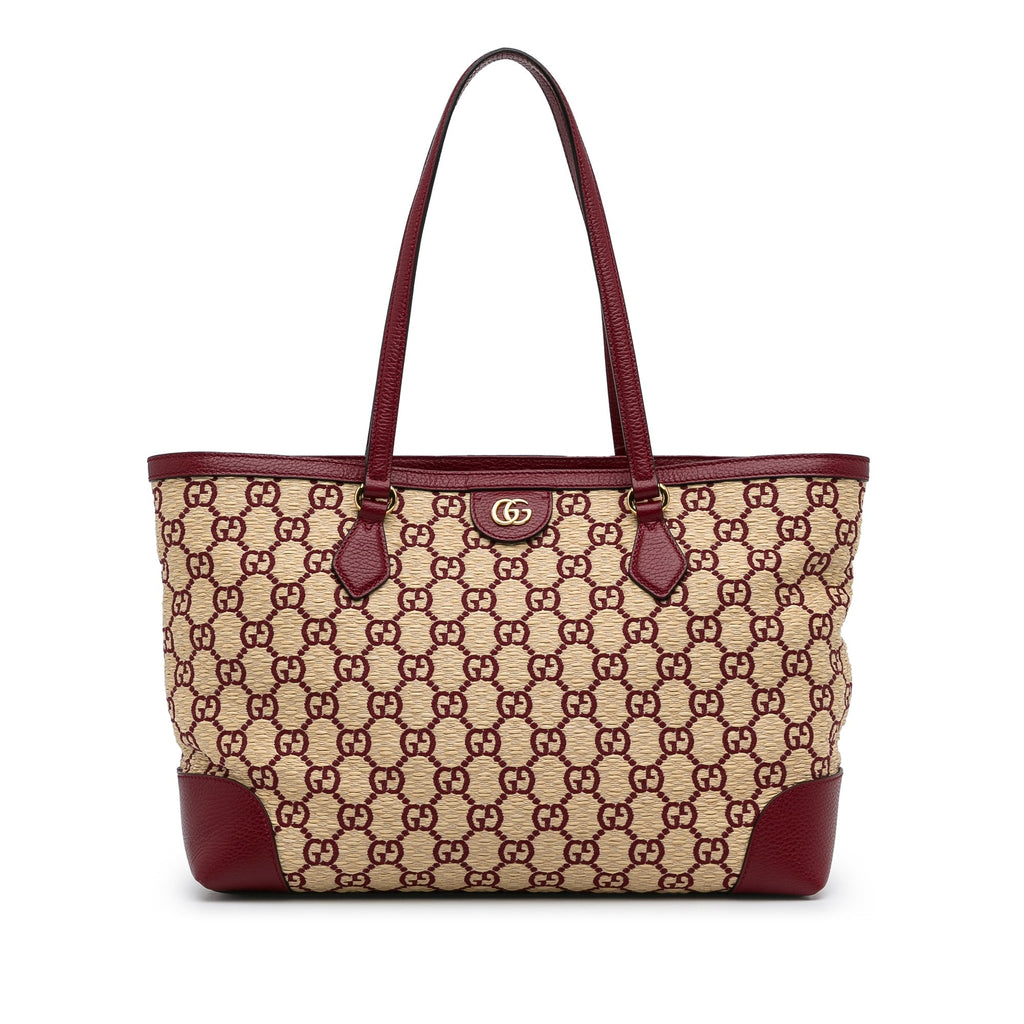 Brown Gucci Medium GG Straw Ophidia Shopping Tote