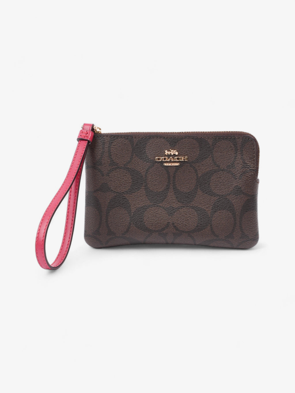Coach Corner Zip Wristlet Brown Signature / Red Coated Canvas