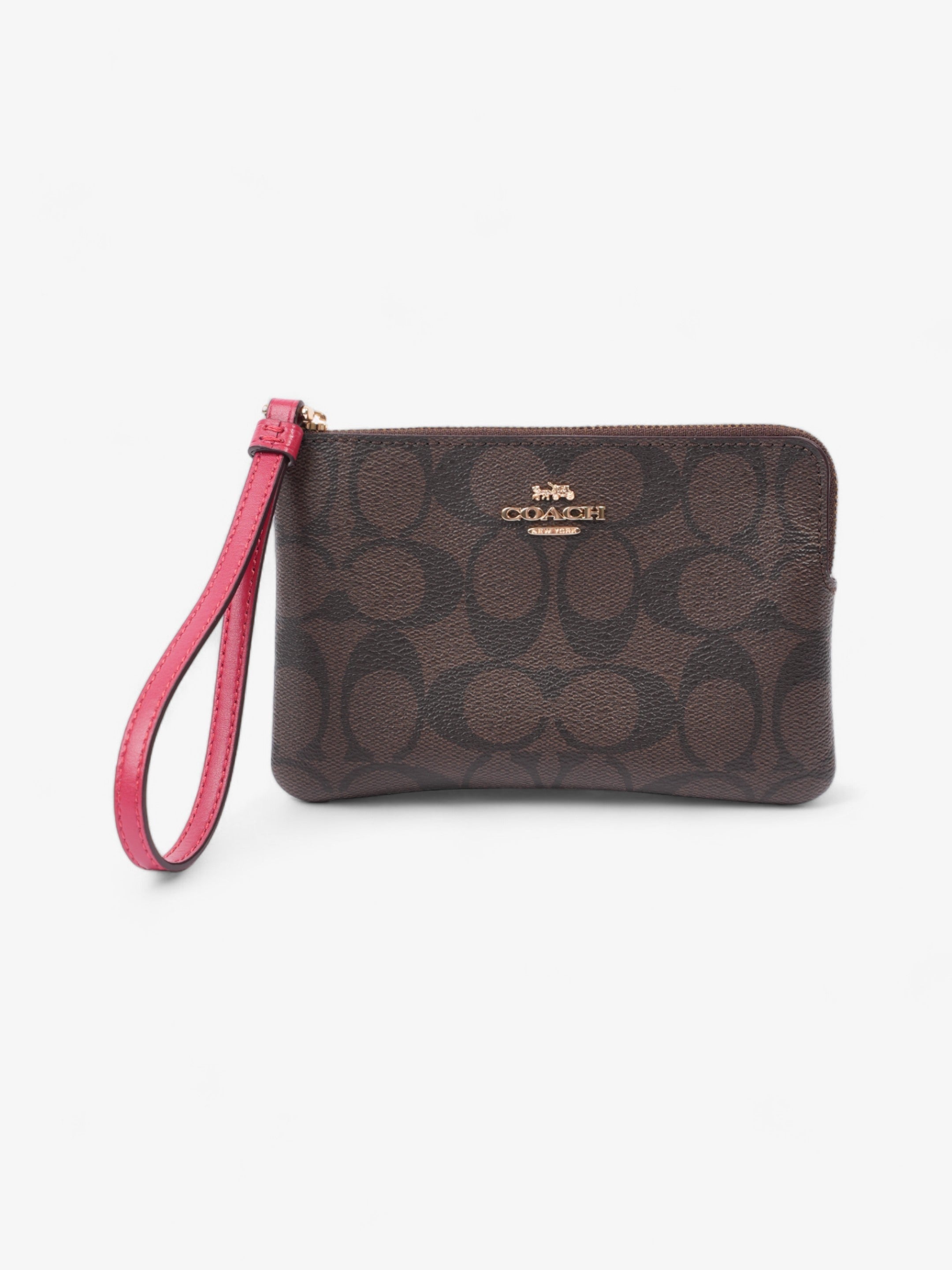 Coach Corner Zip Wristlet Brown Signature / Red Coated Canvas