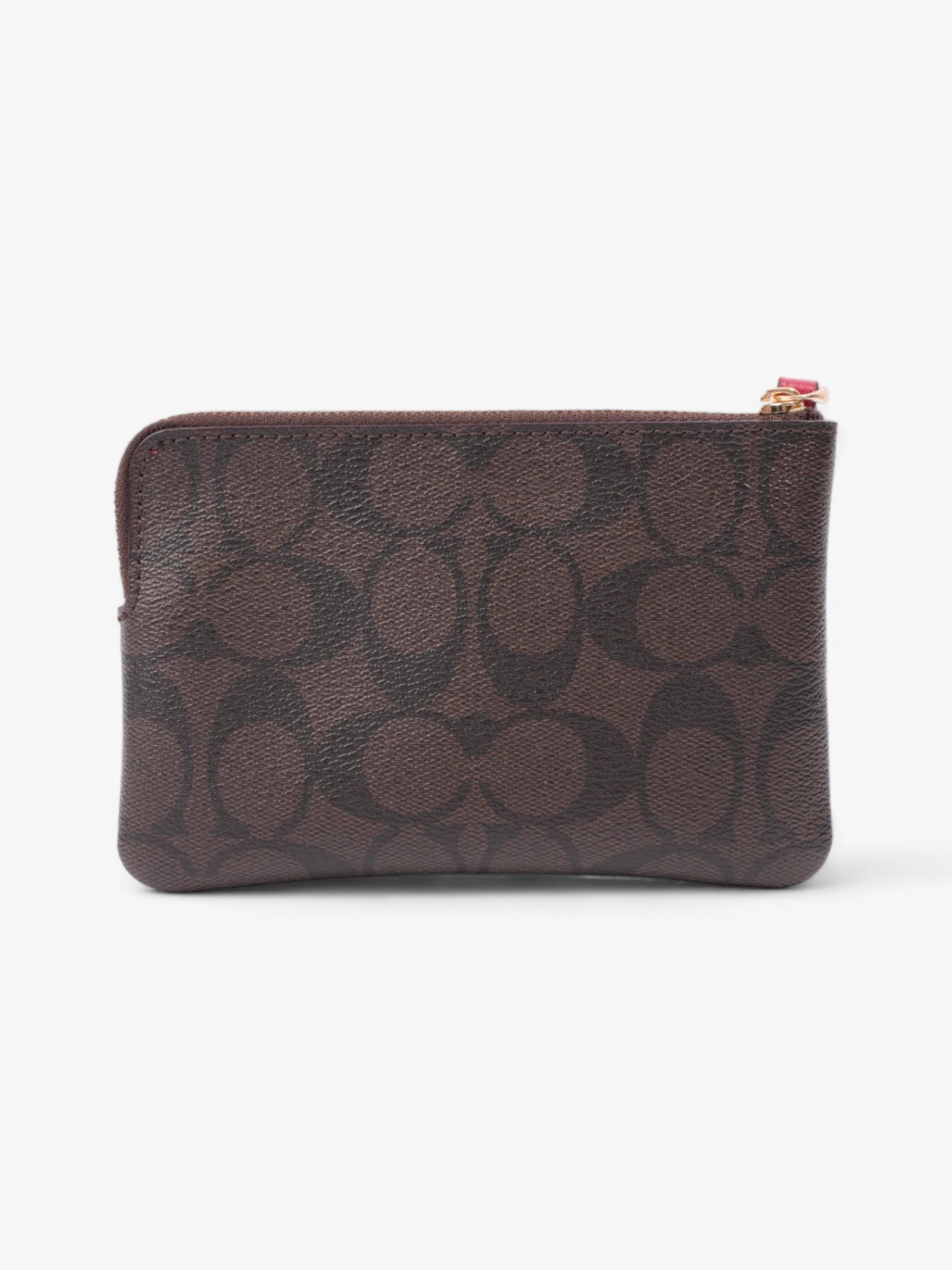 Coach Corner Zip Wristlet Brown Signature / Red Coated Canvas