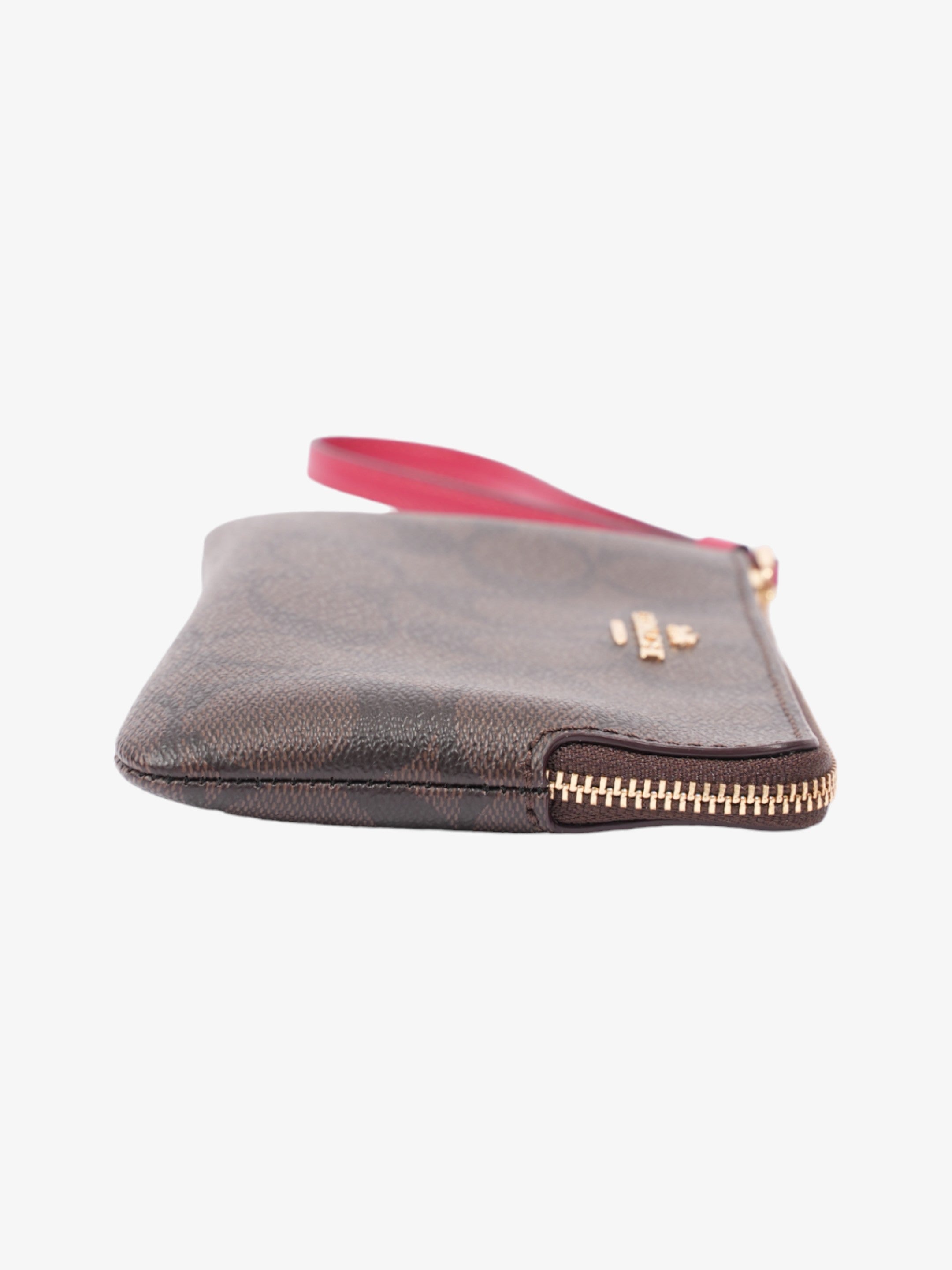 Coach Corner Zip Wristlet Brown Signature / Red Coated Canvas