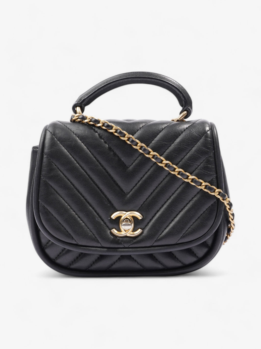 Chanel Reverse Chevron Round Top Handle Black Leather