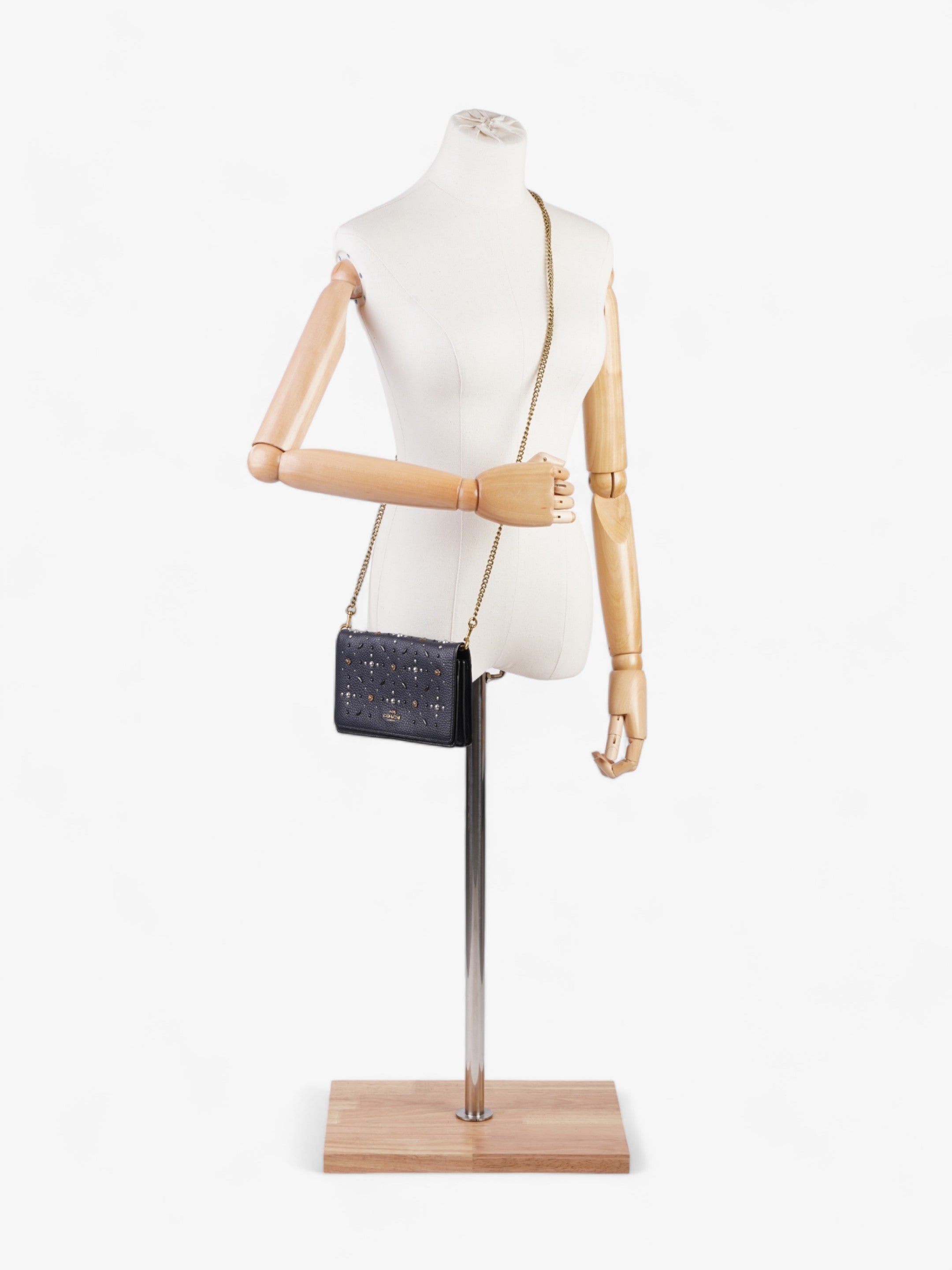 Coach Callie Foldover Chain Clutch Navy Blue Leather