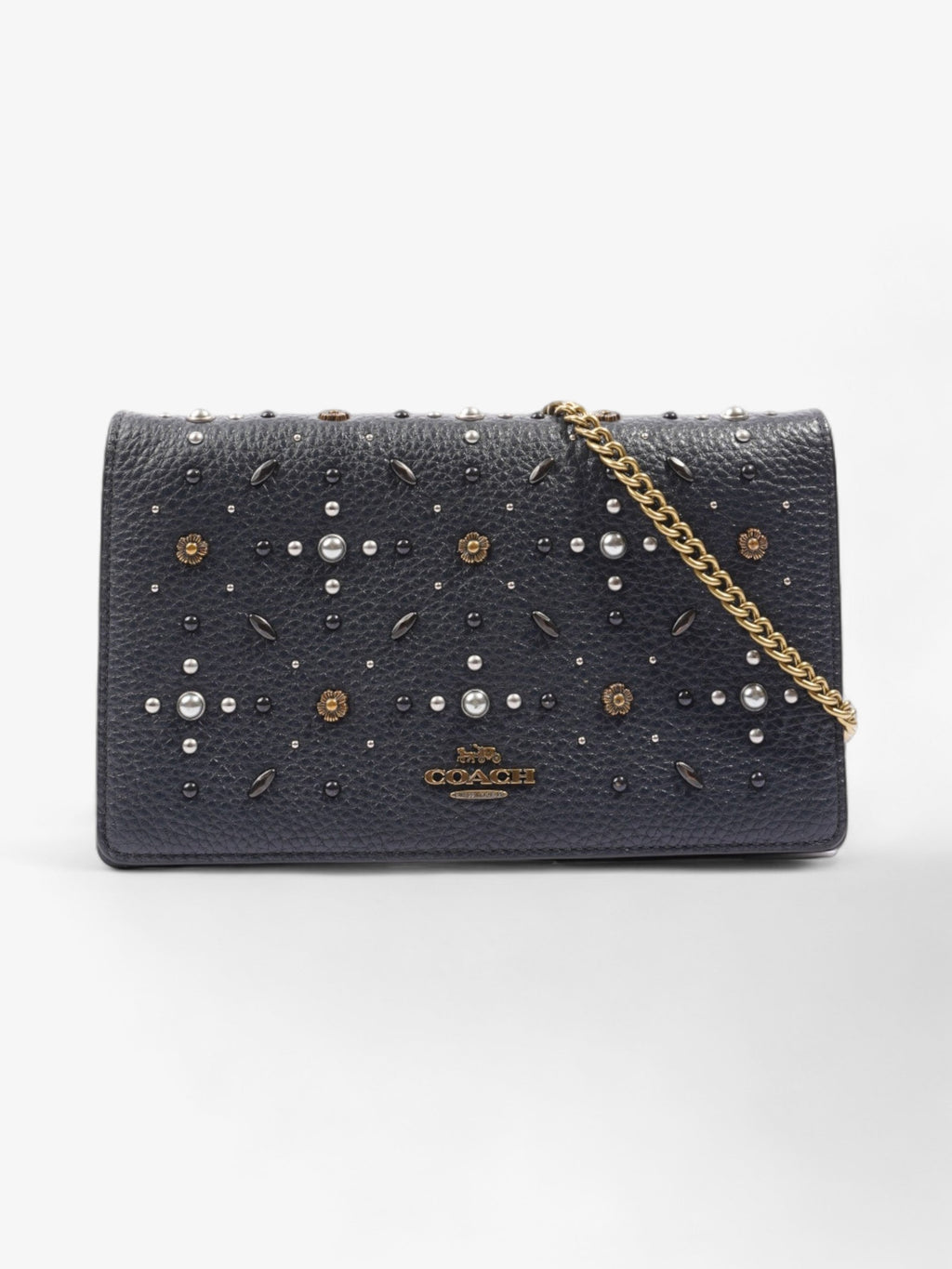 Coach Callie Foldover Chain Clutch Navy Blue Leather