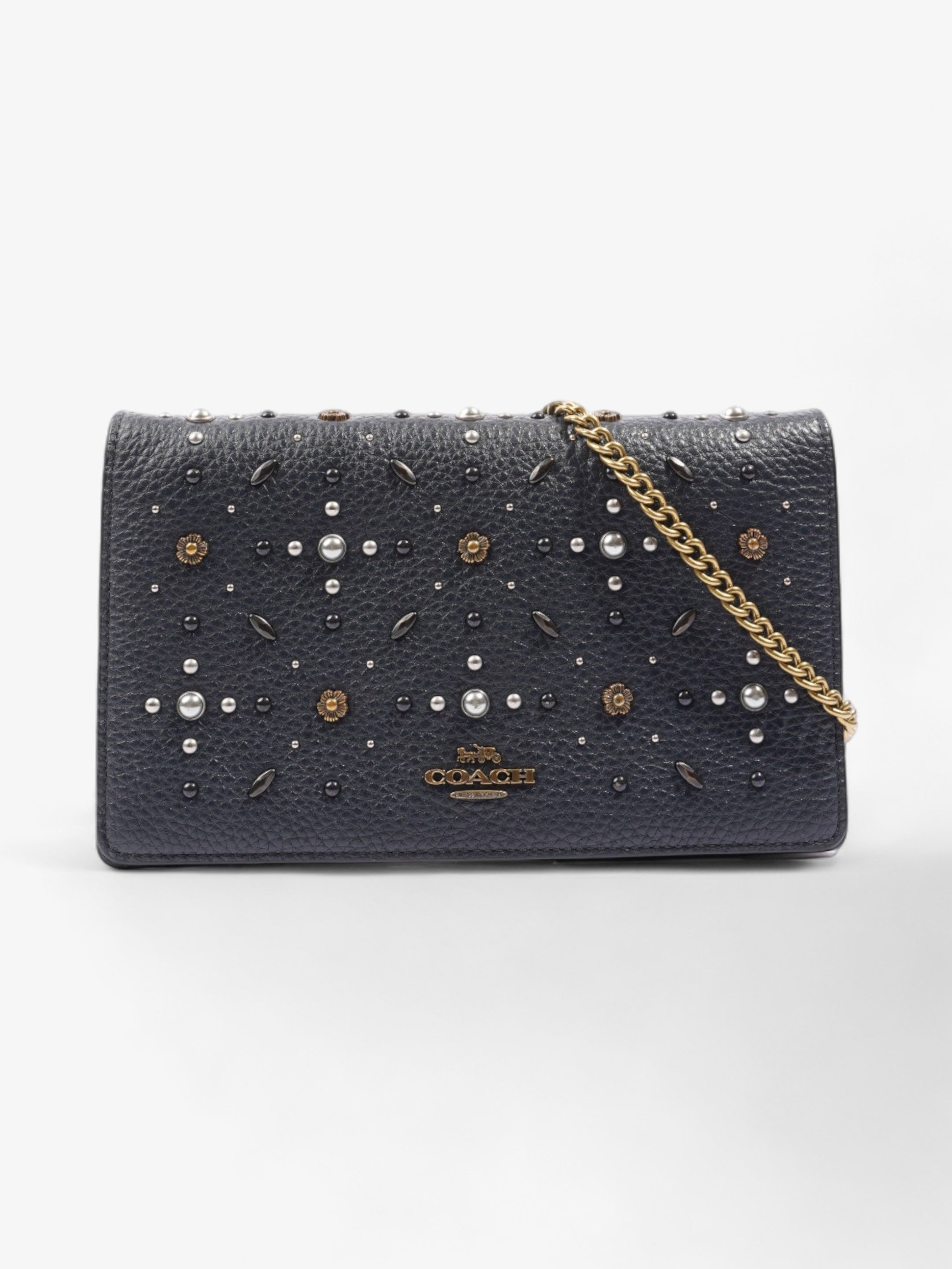 Coach Callie Foldover Chain Clutch Navy Blue Leather