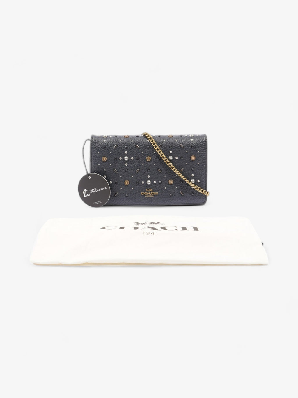 Coach Callie Foldover Chain Clutch Navy Blue Leather