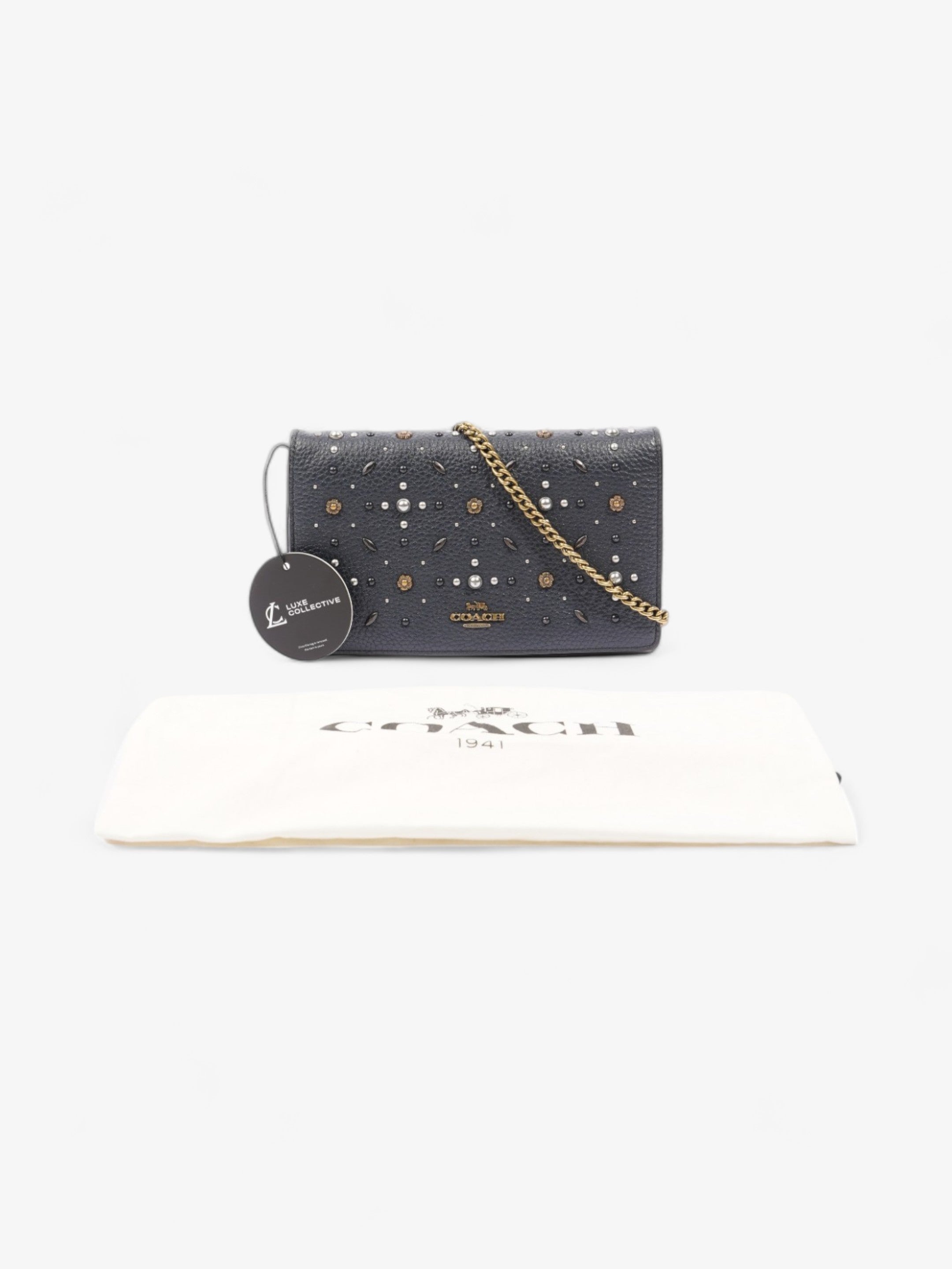 Coach Callie Foldover Chain Clutch Navy Blue Leather