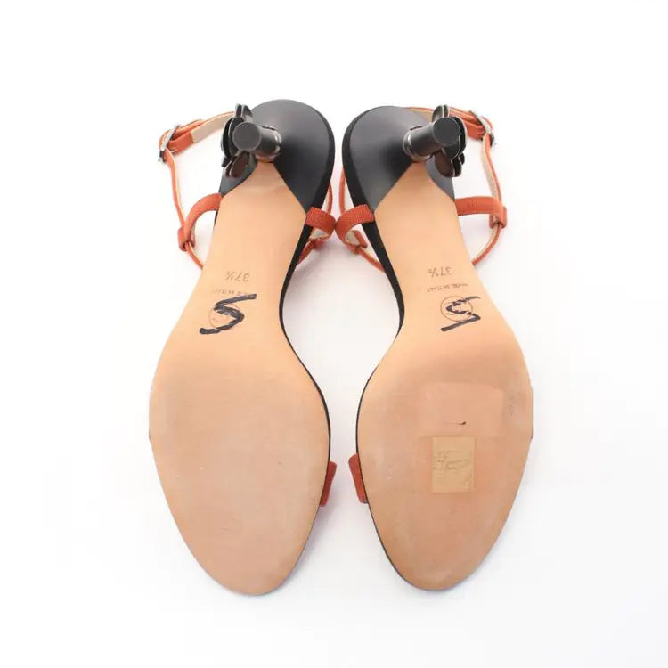 CHANEL Camellia Sandals Canvas, Orange Brown & Black, Size 37.5