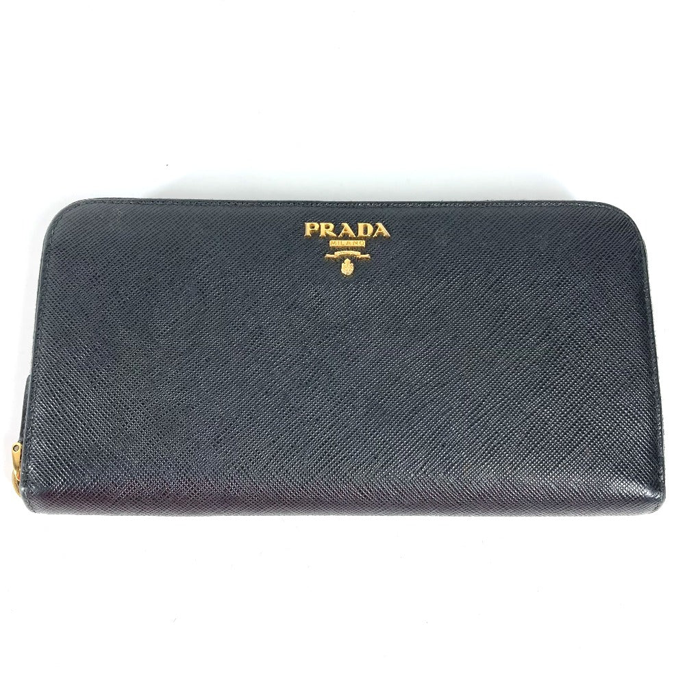 PRADA Long Wallet Purse Safiano leather black logo Zip Around Women Used
