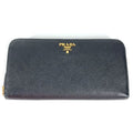 PRADA Long Wallet Purse Safiano leather black logo Zip Around Women Used