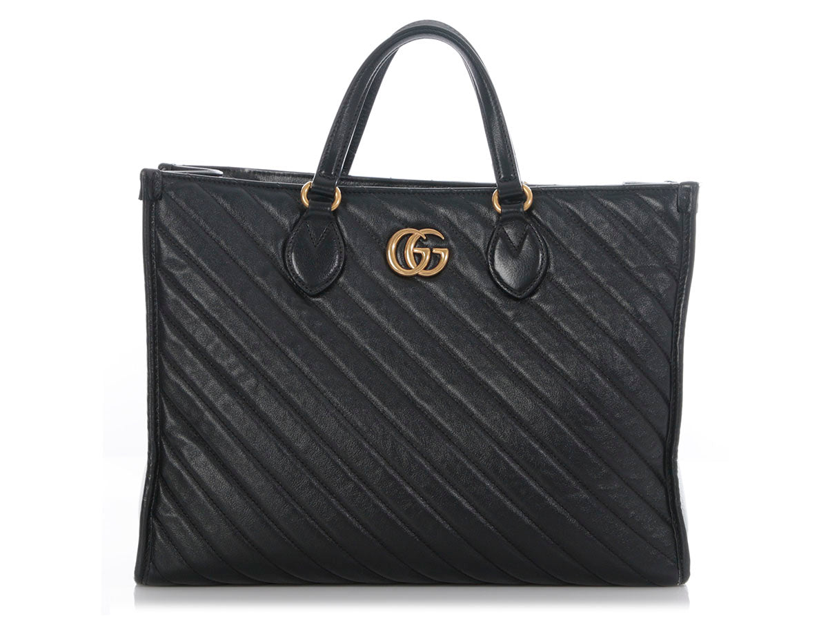 Gucci Black MatelassÃ© Diagonal GG Marmont Tote