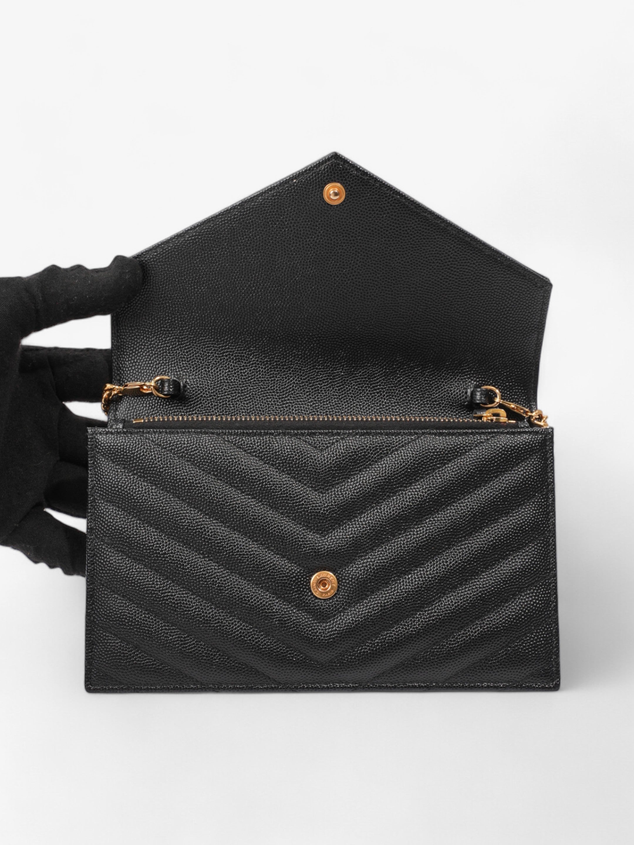 Saint Laurent Envelope Chain Wallet Black Grained Leather