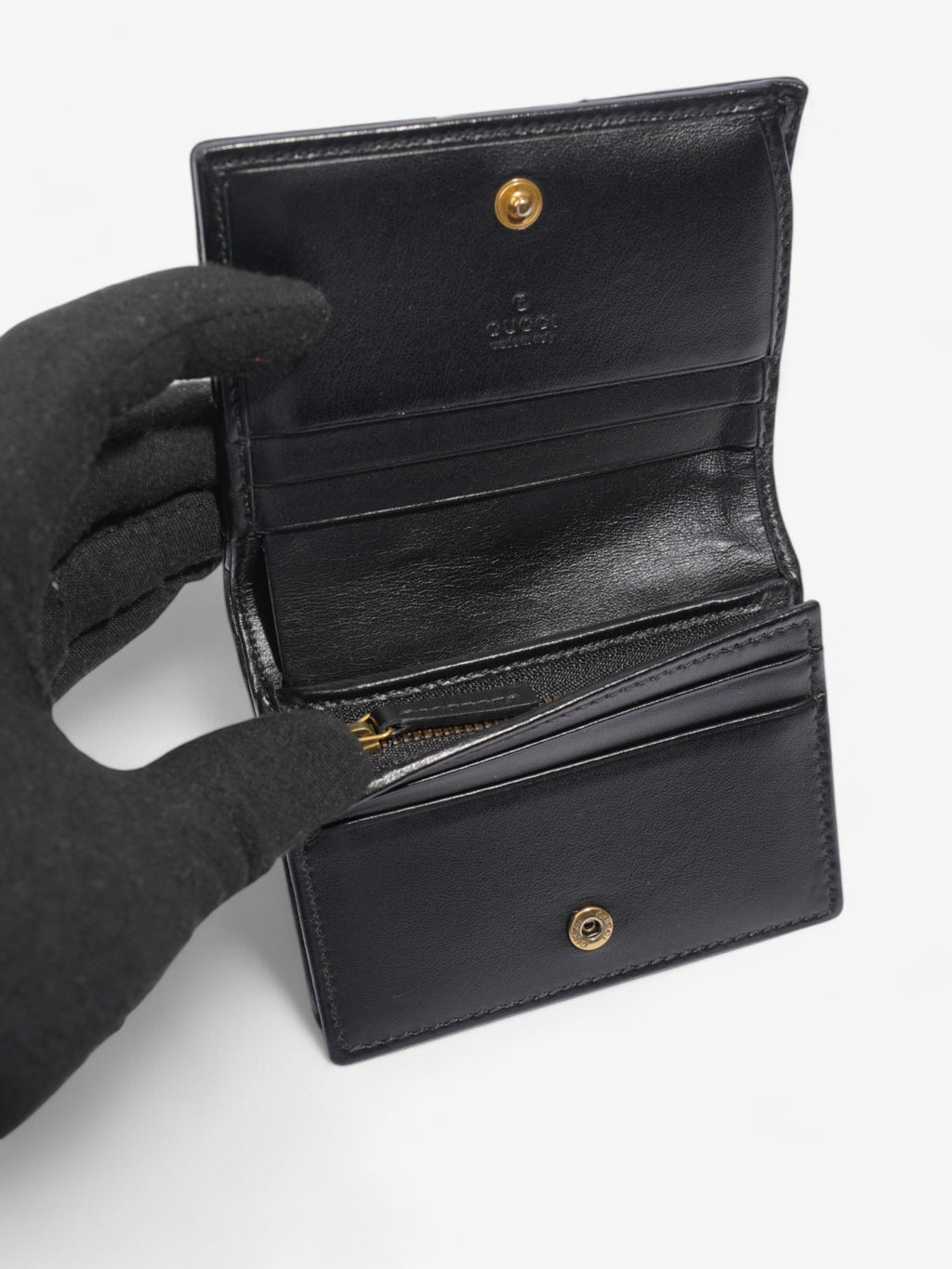 Gucci GG Marmont Card Case Wallet Black / Gold Matelasse Leather