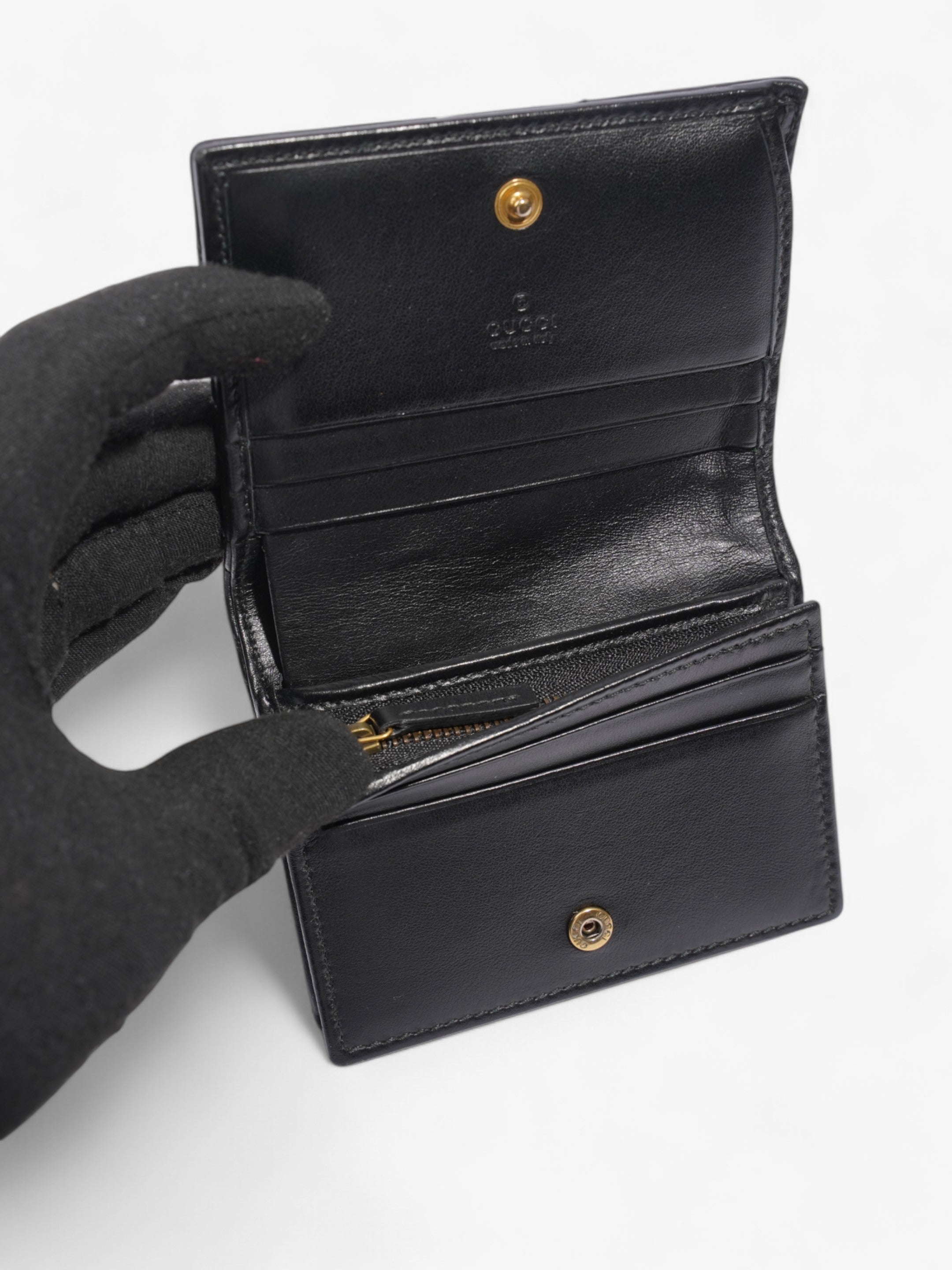 Gucci GG Marmont Card Case Wallet Black / Gold Matelasse Leather