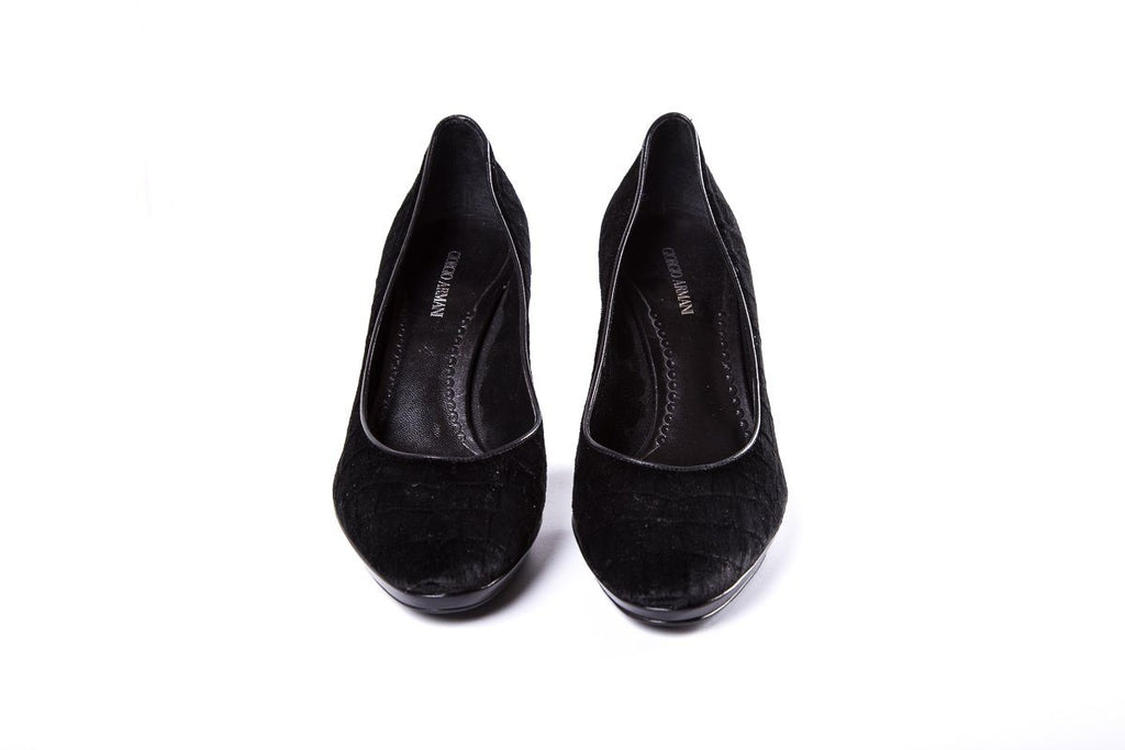 Giorgio Armani Black Velvet Embossed Wedge SZ 38.5 sale