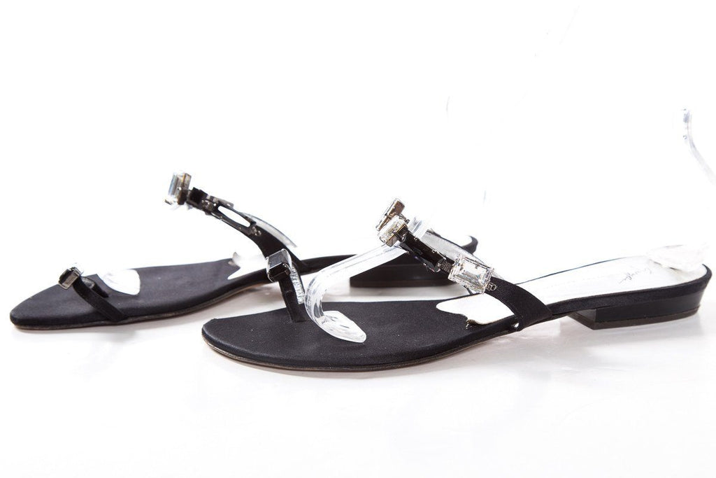 Giuseppe Zanotti Black Satin Flat Rhinestone Sandals SZ 40