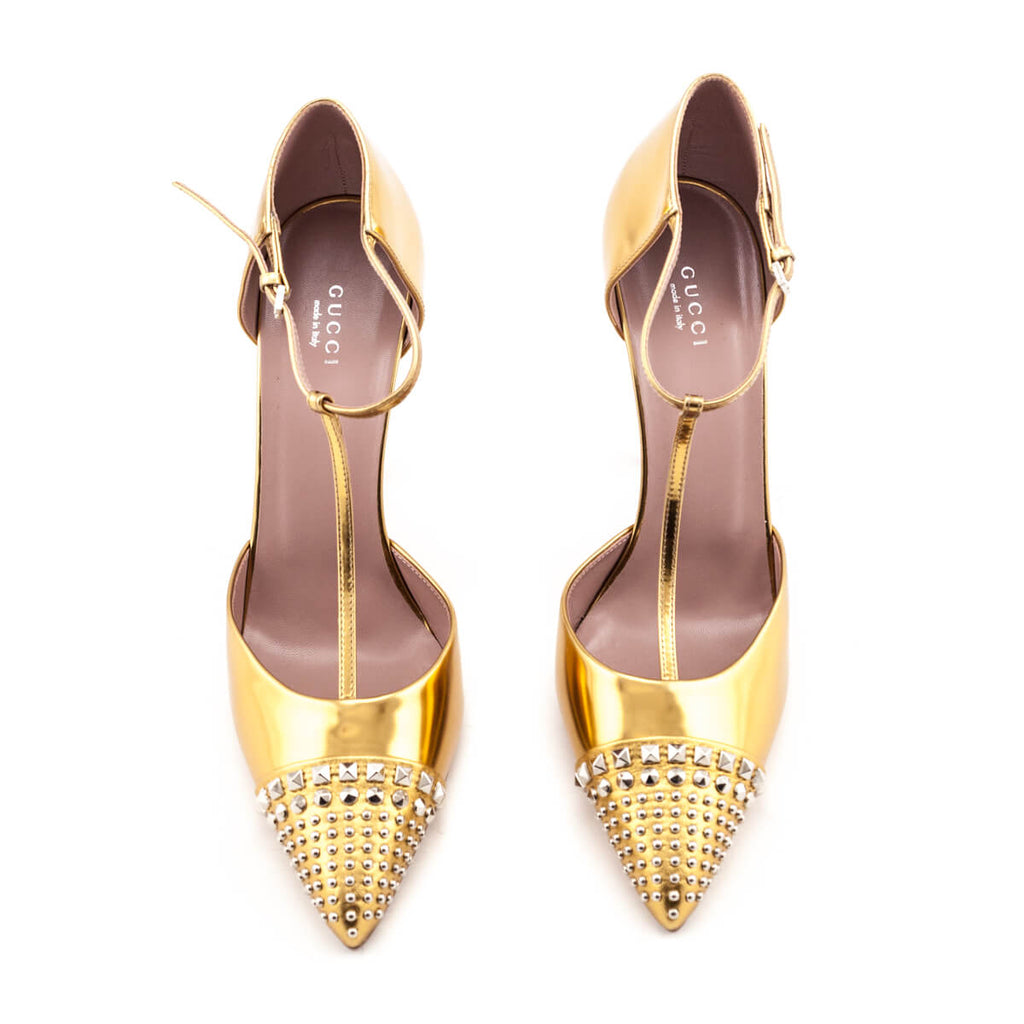 Gucci Gold Studded T-Bar Pumps Size US 11.5 | EU 41.5
