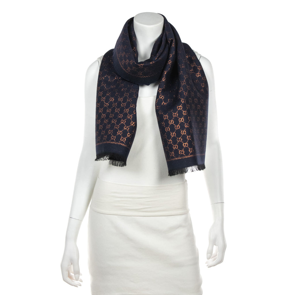Gucci Navy & Bronze Wool Blend Jacquard Stenix GG Monogram Scarf