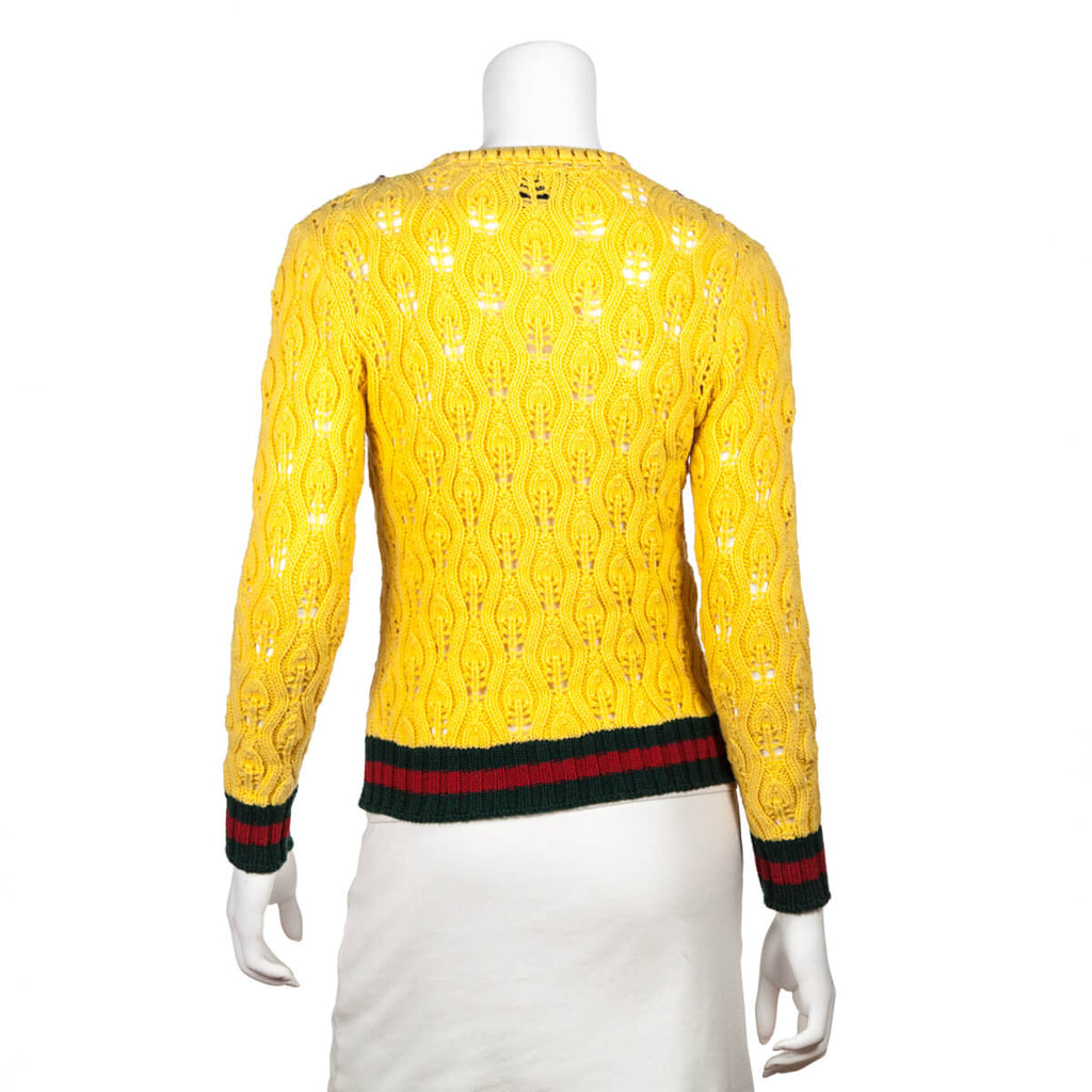 Gucci Yellow Wool Rose Embroidered Mink Pom Pom Crochet Cardigan Size XS
