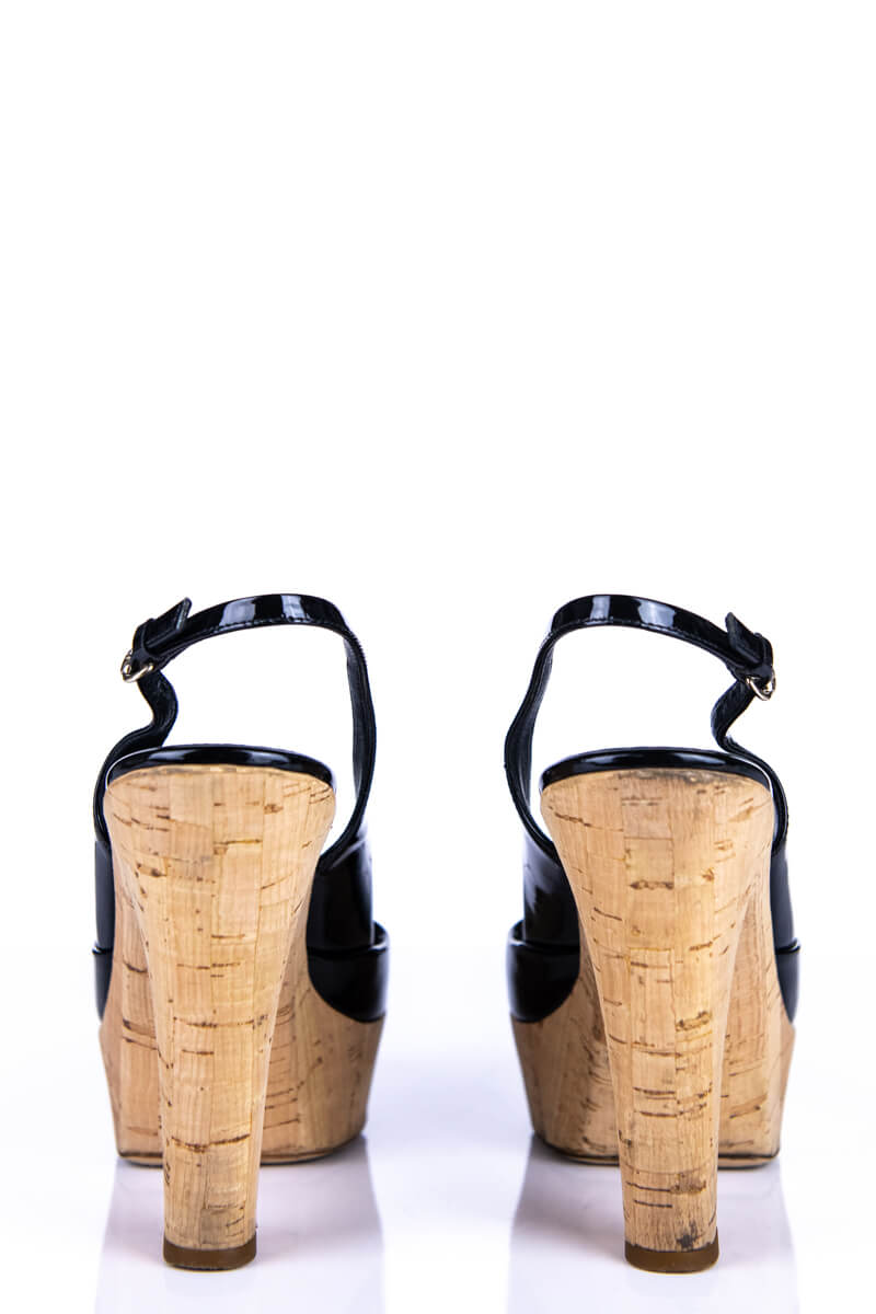 Gucci Black Patent Leather Cork Slingback Pumps Size 8 | EU 38