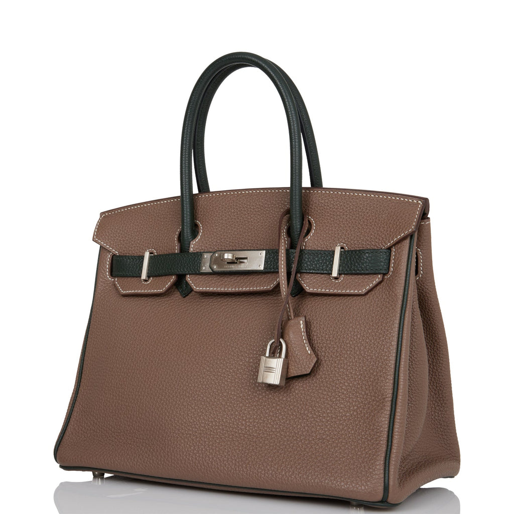 Hermes Special Order (HSS) Birkin 30 Etoupe and Vert Fonce Togo Brushed Palladium Hardware