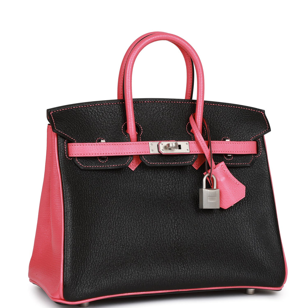 Hermes Special Order (HSS) Birkin 25 Black and Rose Azalee ChÃƒÆ’Ã‚Â¨vre Brushed Palladium Hardware