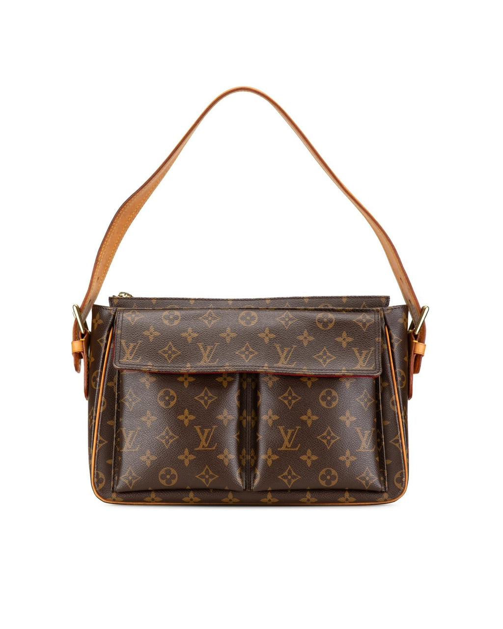 Monogram Canvas Shoulder Bag with Adjustable Strap and Multiple Pockets